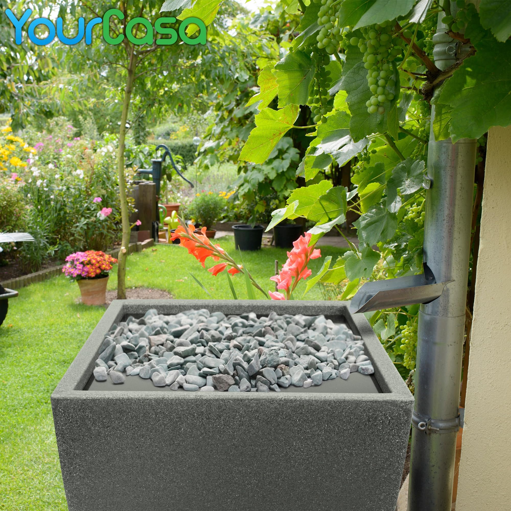 YourCasa PureFlow - Barril de Agua con Rosca de Metal y Cesta de Filtro, 100 L, de Plástico, Resistente a las Heladas, Depósito de Lluvia para Jardín