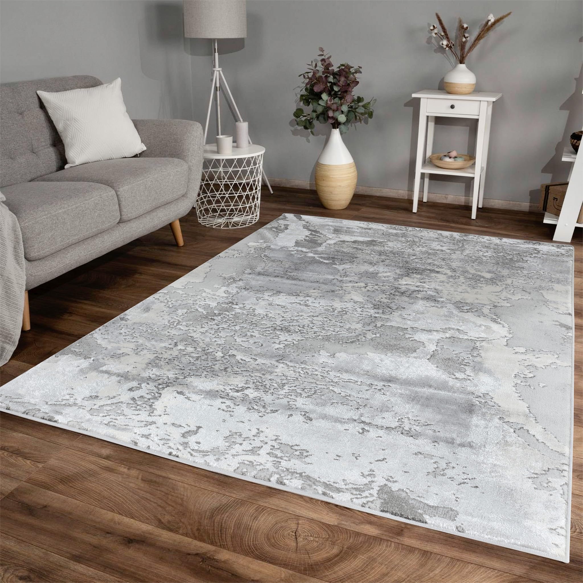 RUGS SUPERSTORE NEW SILVER GREY SPLASH MARBLE SHIMMER SHEEN EFFECT MODERN RUG SILKY SOFT CHIC DESIGN AREA MAT (160x220cm)