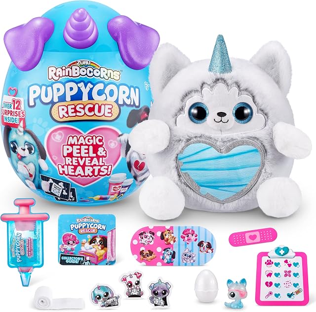 Rainbocorns Puppycorn Rescue Surprise, Miss T the Husky - Collectible Plush - Over 12 Surprises, Peel and Reveal Heart, Stickers, Syringe Slime, Ages 3+ (Husky),9.06 x 7.87 x 11.02 inches