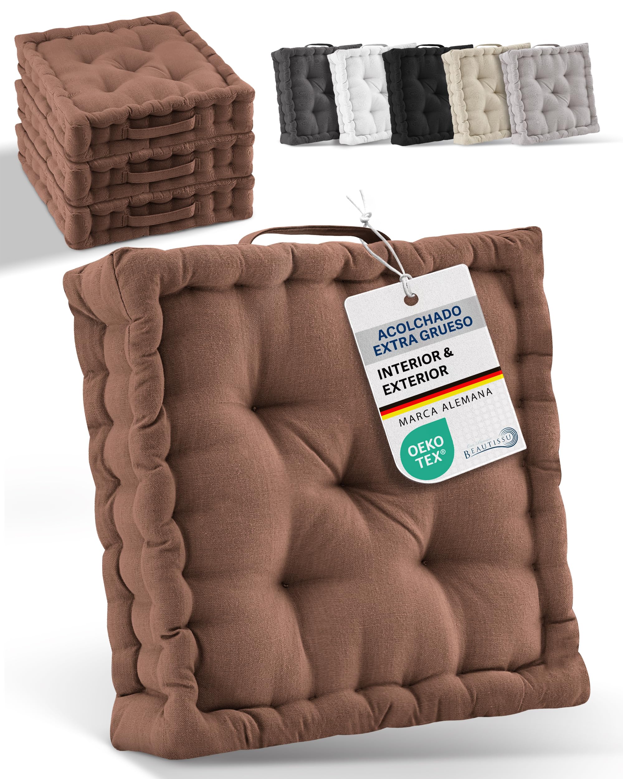Beautissu Lote de 2 Cojines de Suelo Asiento 100% algodón con asa Grueso | 50x50cm Marrón colchón Grueso 10cm Cojín de Silla Interior y Exterior Transporte Mila