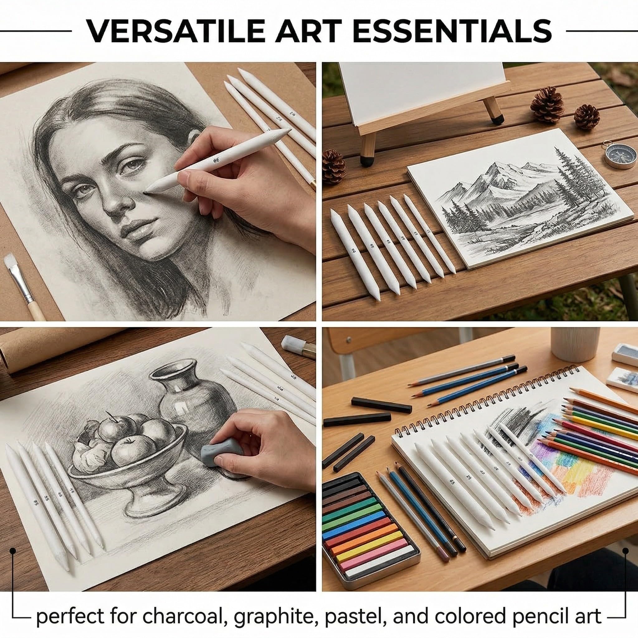 6 Difuminadores para Dibujo y 2 Lápices Goma Borrar, Goma Lápiz Precisión Blanco que Permiten Obtener un Efecto de Boceto Delicado y Realizar Retoques Precisos para Artistas, Bocetos y Pintura