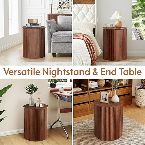 Miniatura 3 de AVZEAR Juego de 2 mesas auxiliares redondas pequeñas acanaladas, mesa auxiliar moderna de mediados de siglo, mesitas de noche circulares de madera