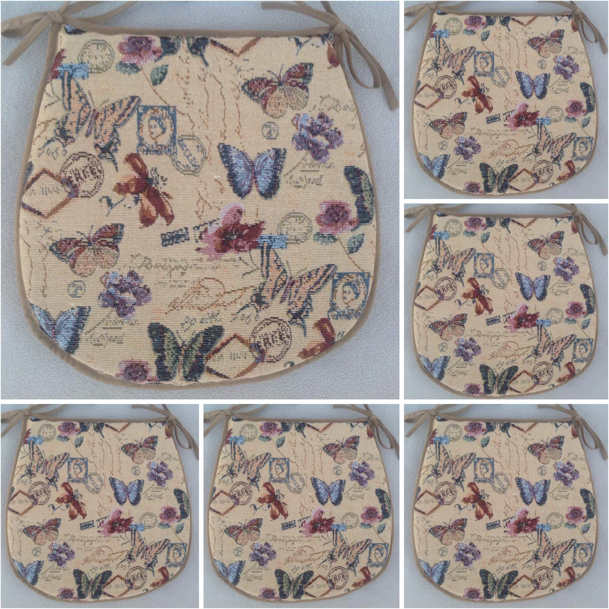 SET OF 6 BUTTERFLY PATTERN TIE ON CHAIR SEAT PADS (For Seats Approx.14" Wide X 14" Deep)