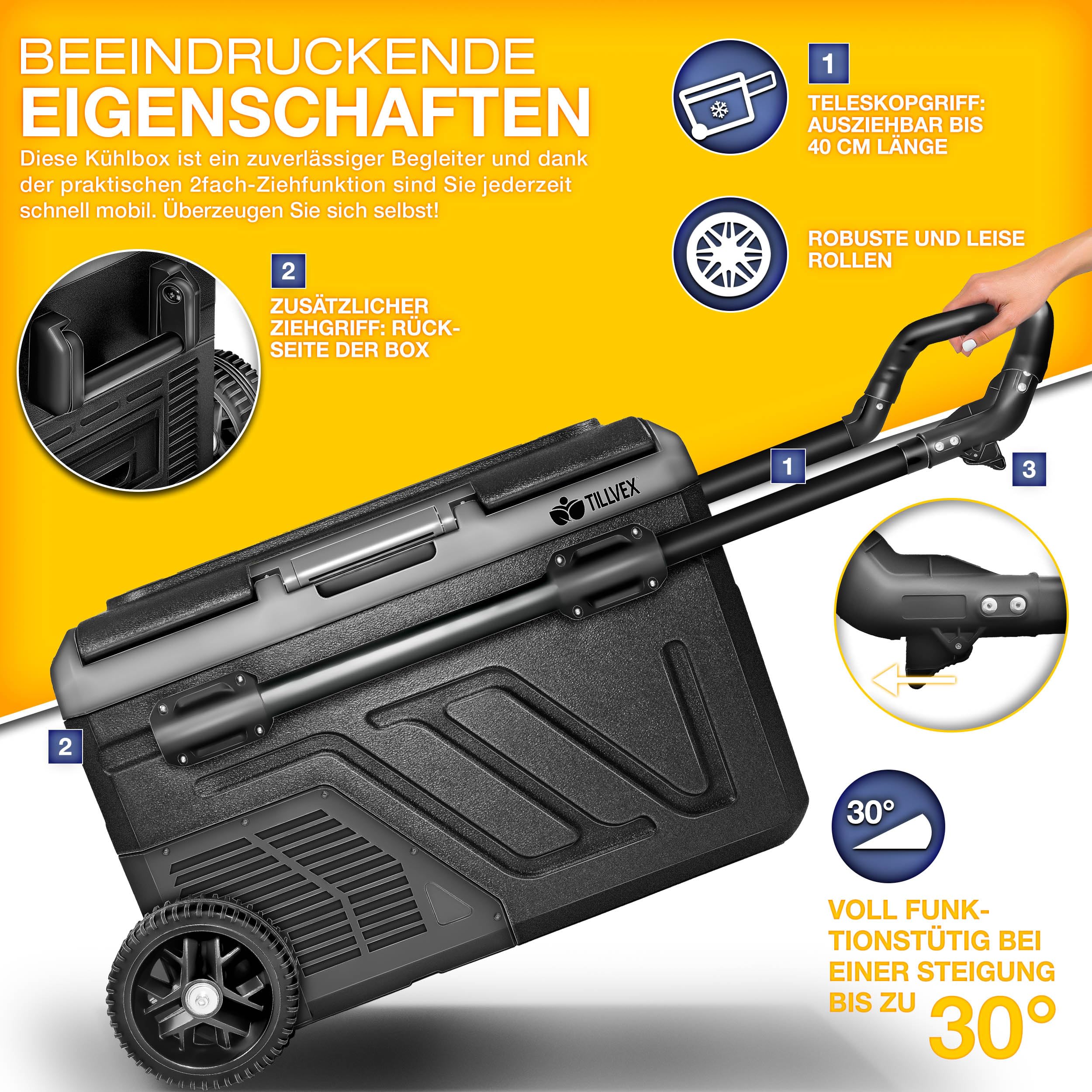 tillvex® Kompressor Kühlbox elektrisch 40-60 Liter | Elektrische Gefrierbox WIFI-APP-Steuerung 12/24 V 230V | Kühlschrank bis -20 °C für Auto, Lkw, Camping (Schwarz, 50 Liter - mit Akku)