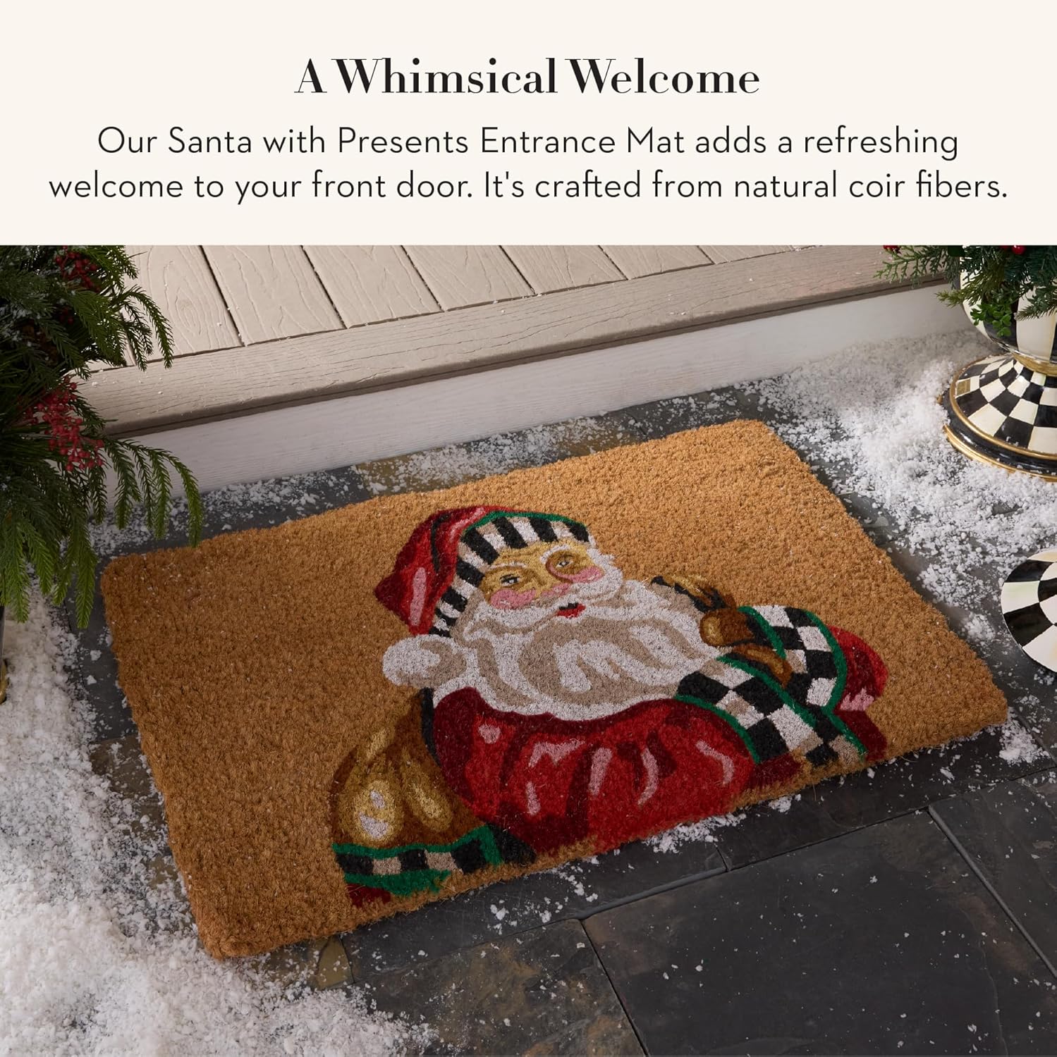 MACKENZIE-CHILDS Entrance Mat, Decorative Outdoor Front Door Mat for Christmas, Coir Door Mat, 24" x 36", Santa with Presents