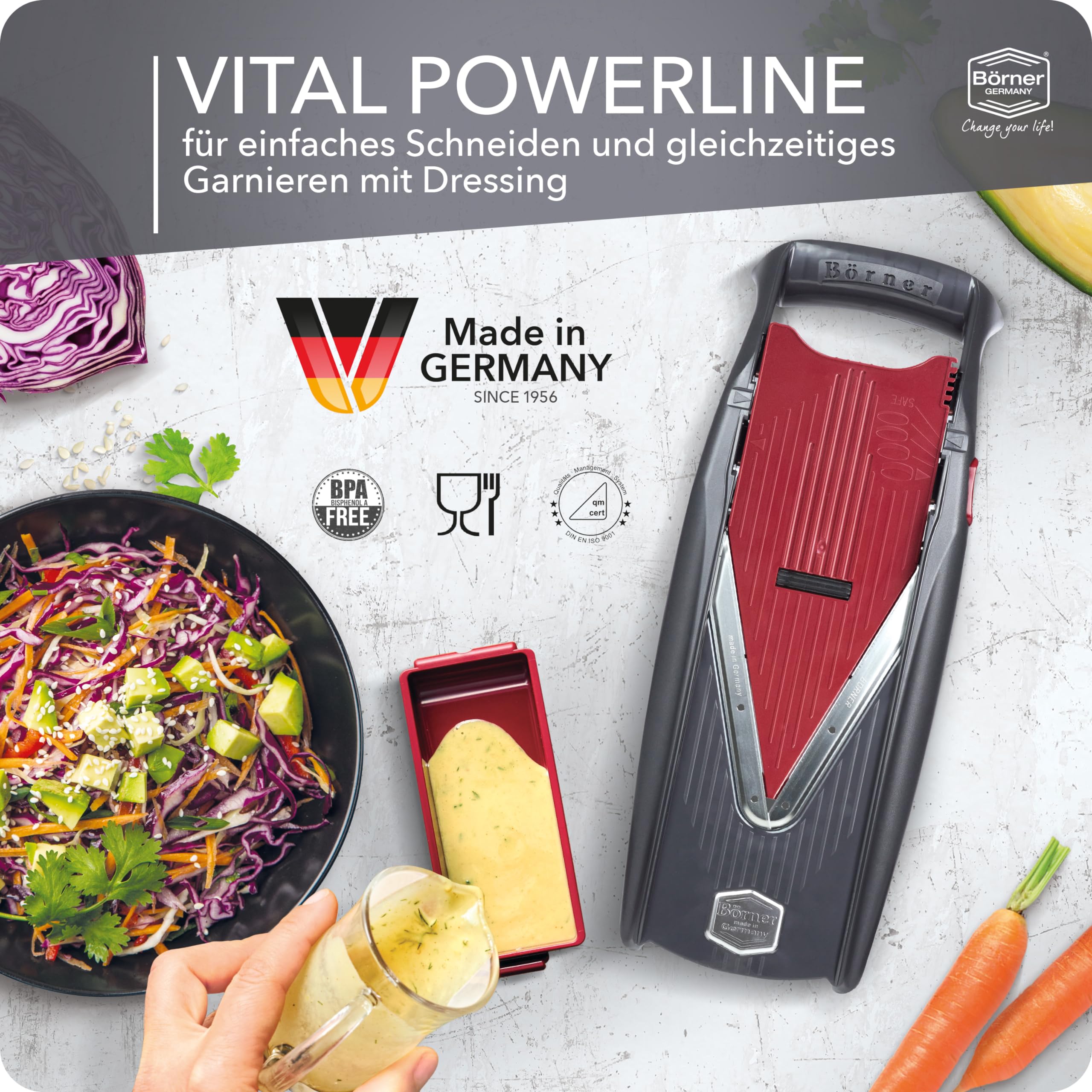 Börner Gemüsehobel Vital (Profi Set) • 12 Schnittarten • Gemüseschneider Edelstahl • Mandoline mit Dressing-Funktion • V-Hobel für Scheiben, Julienne Streifen, Würfel & Gemüsespaghetti