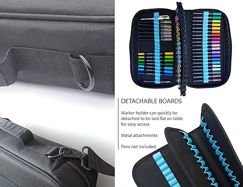 Miniatura 4 de TOOLI-ART Estuche de transporte para rotuladores y bolígrafos: 120 ranuras, lona, bolsillos adicionales, funda de carretilla, correa de hombro