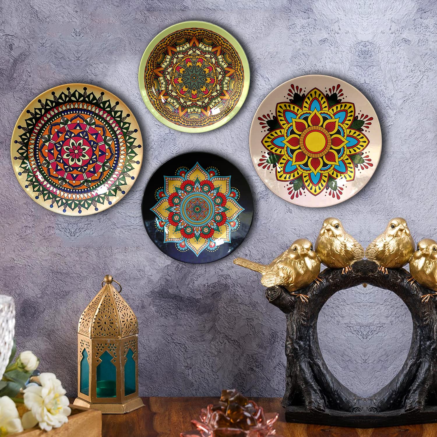 JIKRAA® Mandala Art Ceramic Decorative Designer Wall and Table Top Plate/Platter with Stand and Hook - Combo Design 1 (Set of 4 Plates; 2 X 10 Inch, 2 X 8 Inch)