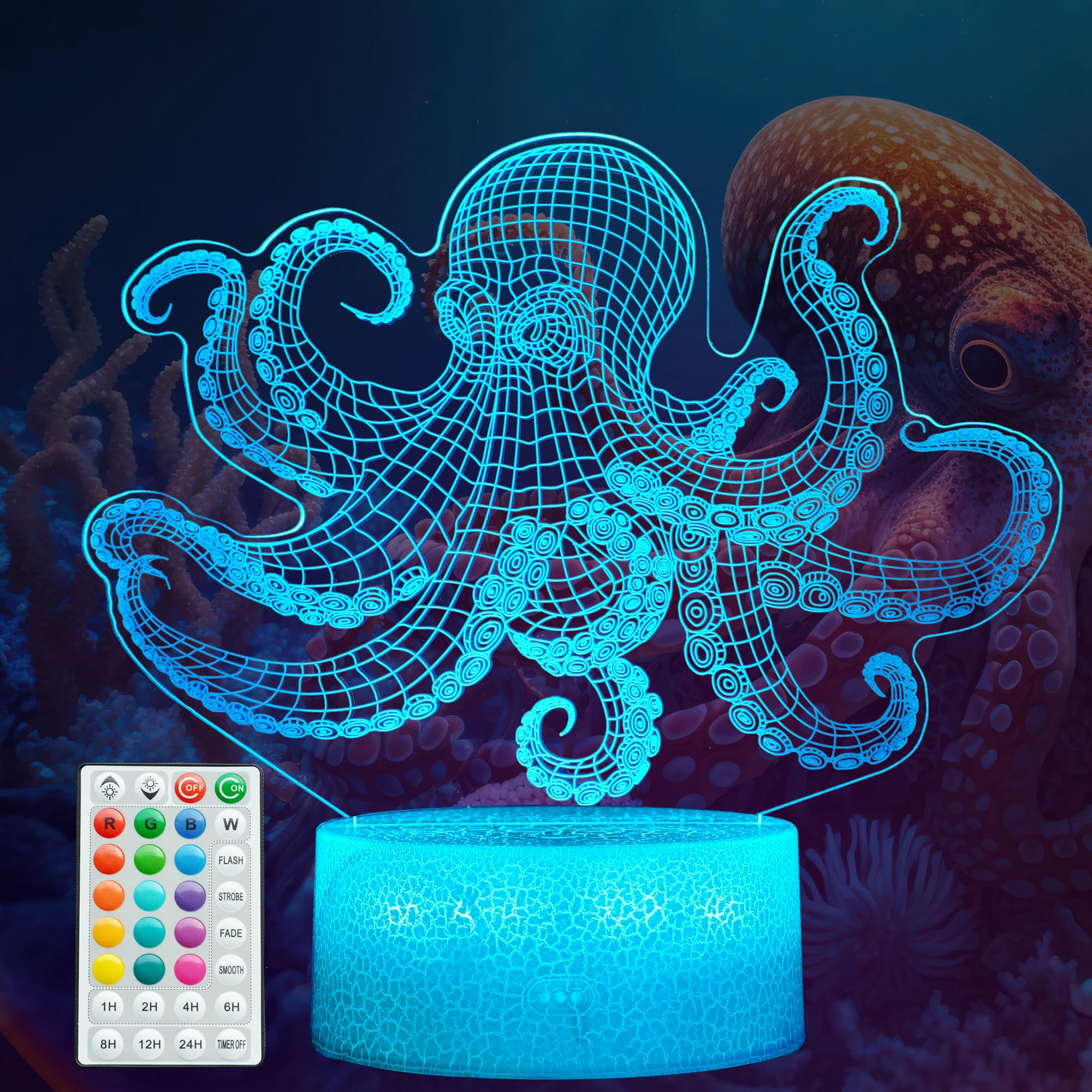 POSSHE Octopus Night Light, 3D Illusion Night Light Lamp, Octopus