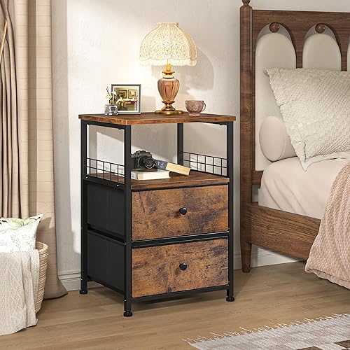 Miniatura 26 de Juego de 2 mesitas de noche de 17.8 pulgadas de ancho con cajones de tela y estante de madera abierto, red de seguridad en ambos lados de la mesa