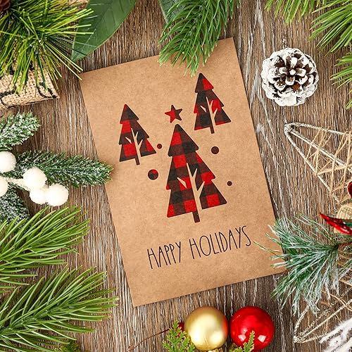 Miniatura 4 de AnyDesign Paquete de 30 tarjetas de felicitación de Navidad de 4 x 6 tarjetas de papel kraft de papel kraft a cuadros rojos y negros con copos de