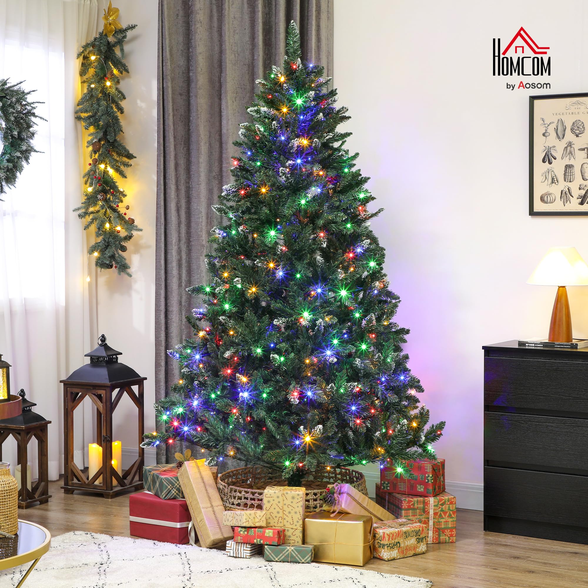HOMCOM Árbol de Navidad 210 cm con Luces LED 9 Modos de Iluminación Verde | Árbol Navideño de Abeto, 1160 Ramas con Nieve Artificial, Soporte Metálico, Fácil de Montar