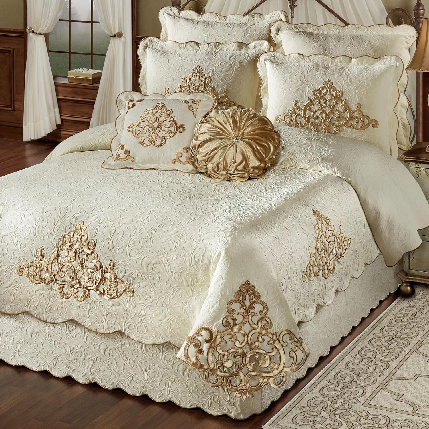 Imperial Luxury Matelasse Bedding | Velvet Golden Scrollwork Medallions | Lightweight Ivory Matelasse Textured Scrolls | 6 Pc Bed Set: Cal King Coverlet, Bedskirt, 2 King Shams, & 2 Decorative Pillows