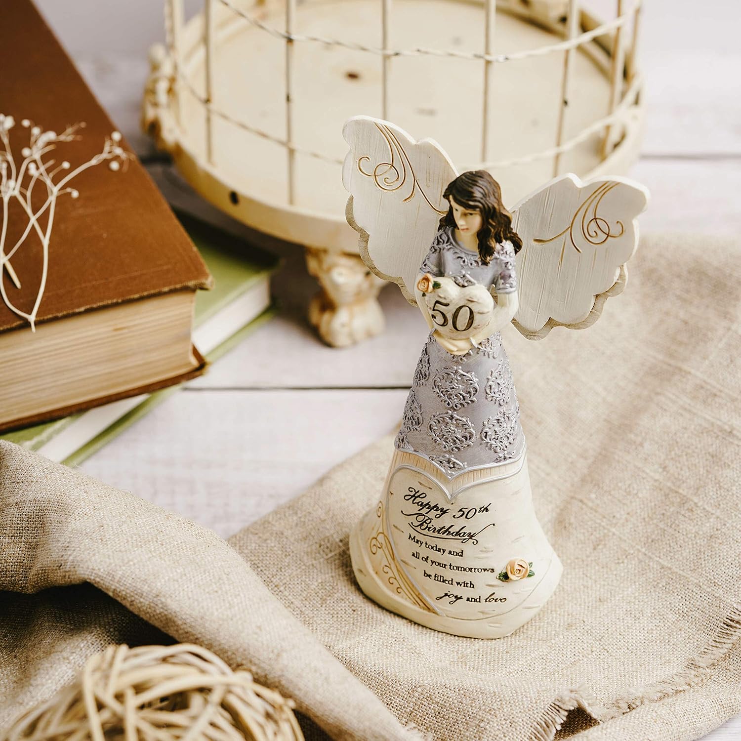 Pavilion - 50th Birthday - 6" Angel Holding 50th Heart,Beige/Silver - Image 7