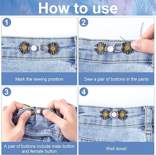 Miniatura 3 de OIIKI Tensor de botones de jeans ajustable, 7 piezas, botones de mezclilla, alfileres de vestir, hebillas de ajuste de cintura, botones de