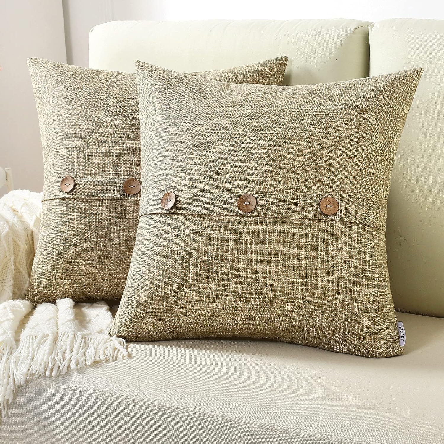 FUTEI Olive Green Linen Decorative Throw Pillow Covers 22x22 Inch Set of 2, Square Cushion Case with Vintage Button/Zipper,Modern Farmhouse Home Decor for Couch,Bed Olive Green 22" x 22" (Pack of 2)