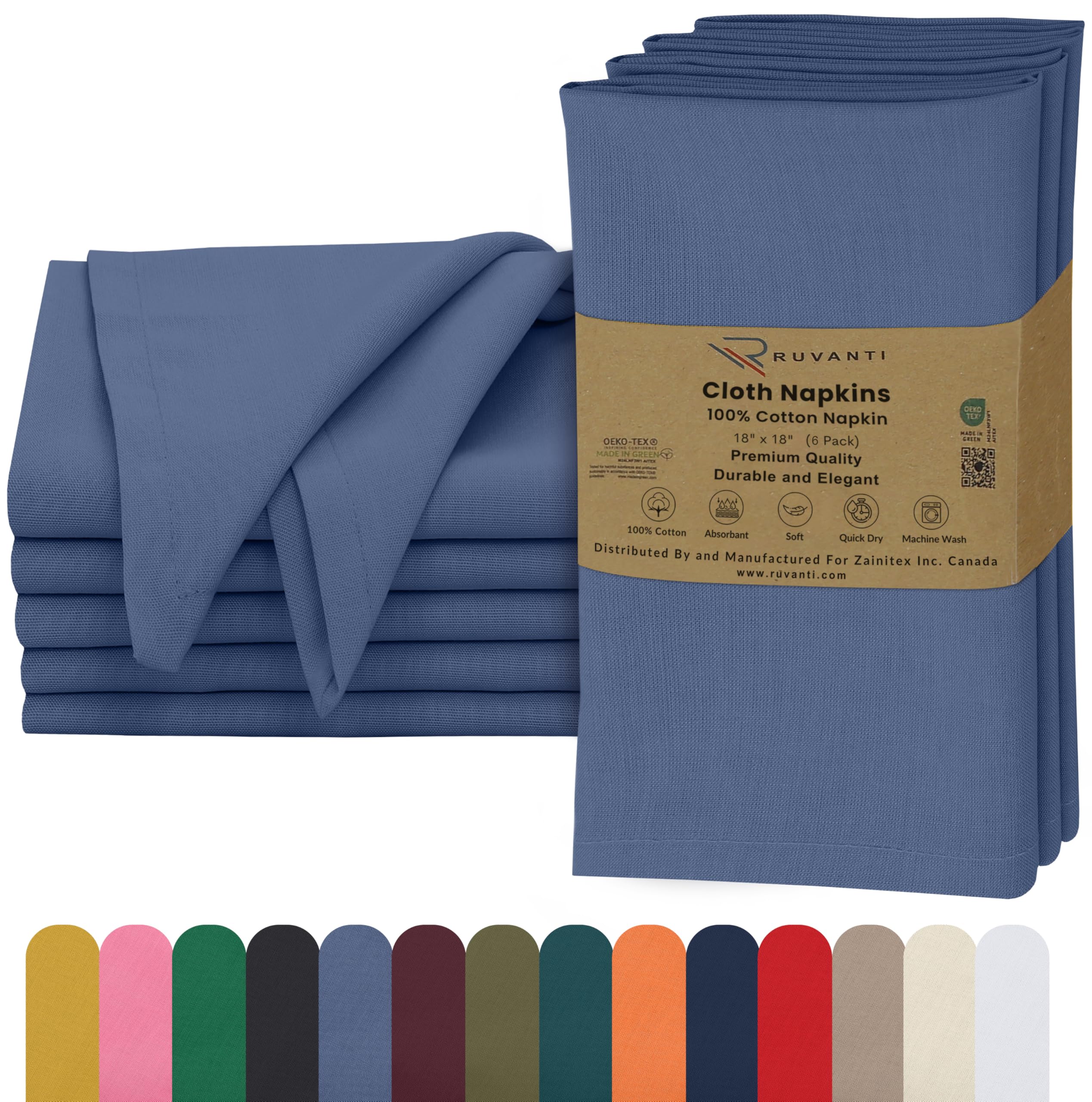 Ruvanti Cloth Napkins Set of 6, 18x18 Inches, 100% Cotton, Washable, Soft & Absorbent, Perfect for Wedding, Christmas, ‎Thanksgiving Dinners - Bijou Blue