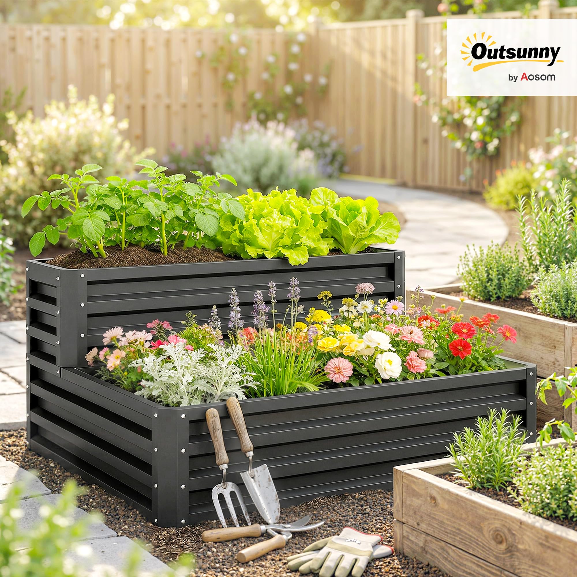 Outsunny Huerto Urbano de 2 Niveles de Acero Galvanizado, Jardinera Exterior con Diseño de Escalera y Fondo Abierto para Cultivos, Plantas, Herbaria, para Terraza, Jardín, 120x101x58 cm, Gris Oscuro
