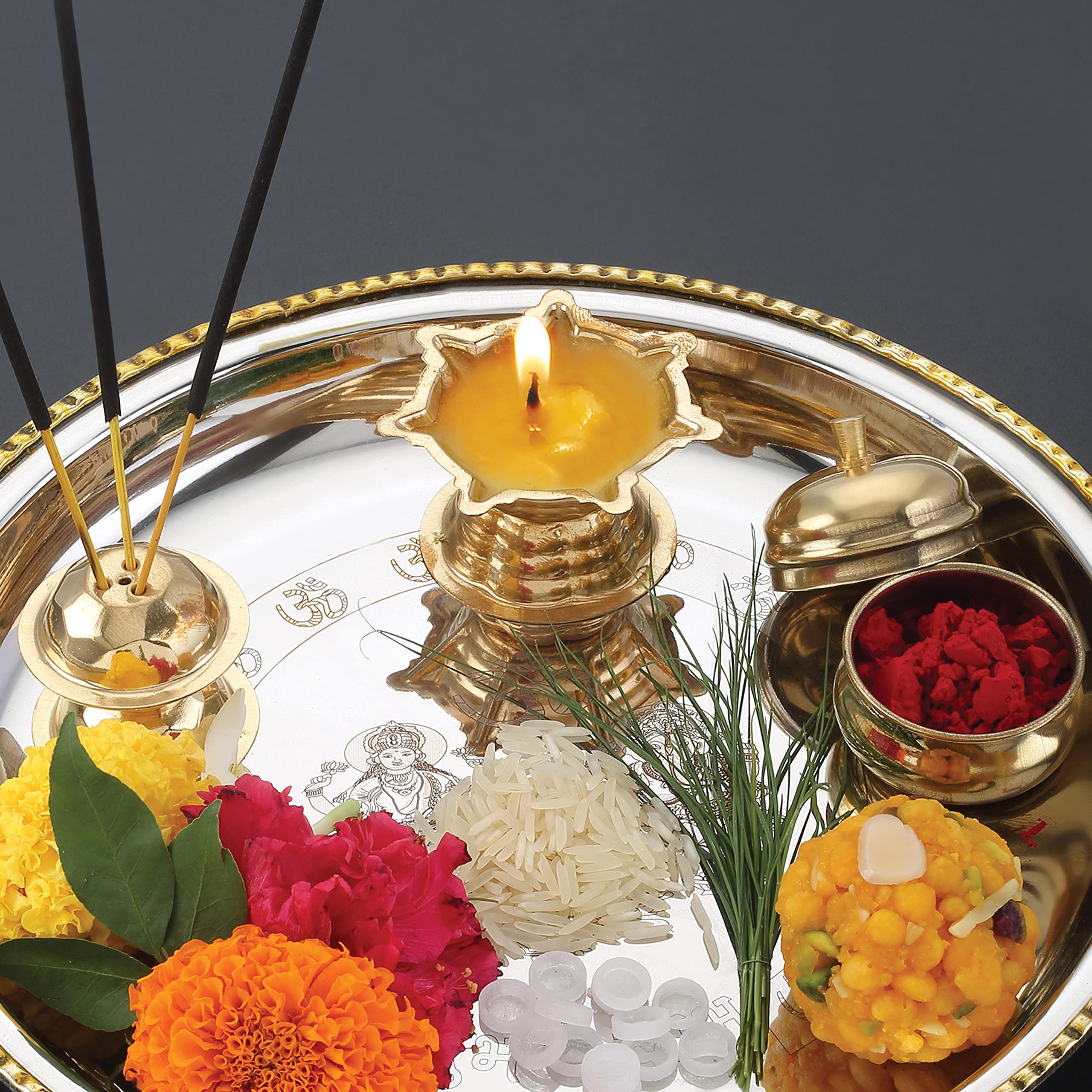 HAZEL Stainless Steel Puja Pooja Aarti Thali Set | 22 cm with 1 Pc Diva | Agarbatti Incense Holder and Kumkum Wati 4
