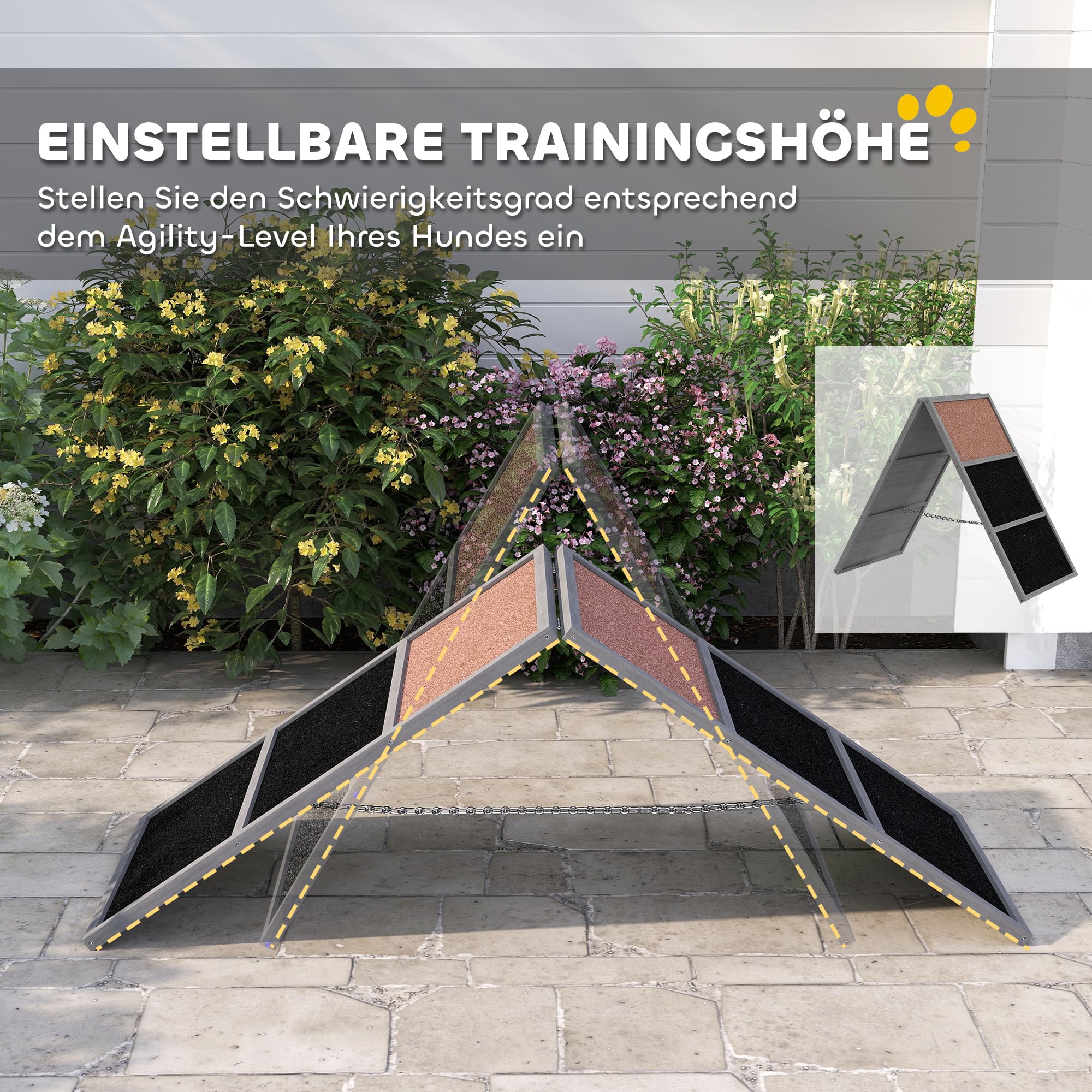 PawHut Hunde Agility Steg, Agility-Ausrüstung für Hunde mit rutschfeste Oberfläche, A-Rahmen, höhenvertstellbar Agility-Gerät belastbar bis 40 kg, für Garten, 173 x 59 x 66 cm, Grau