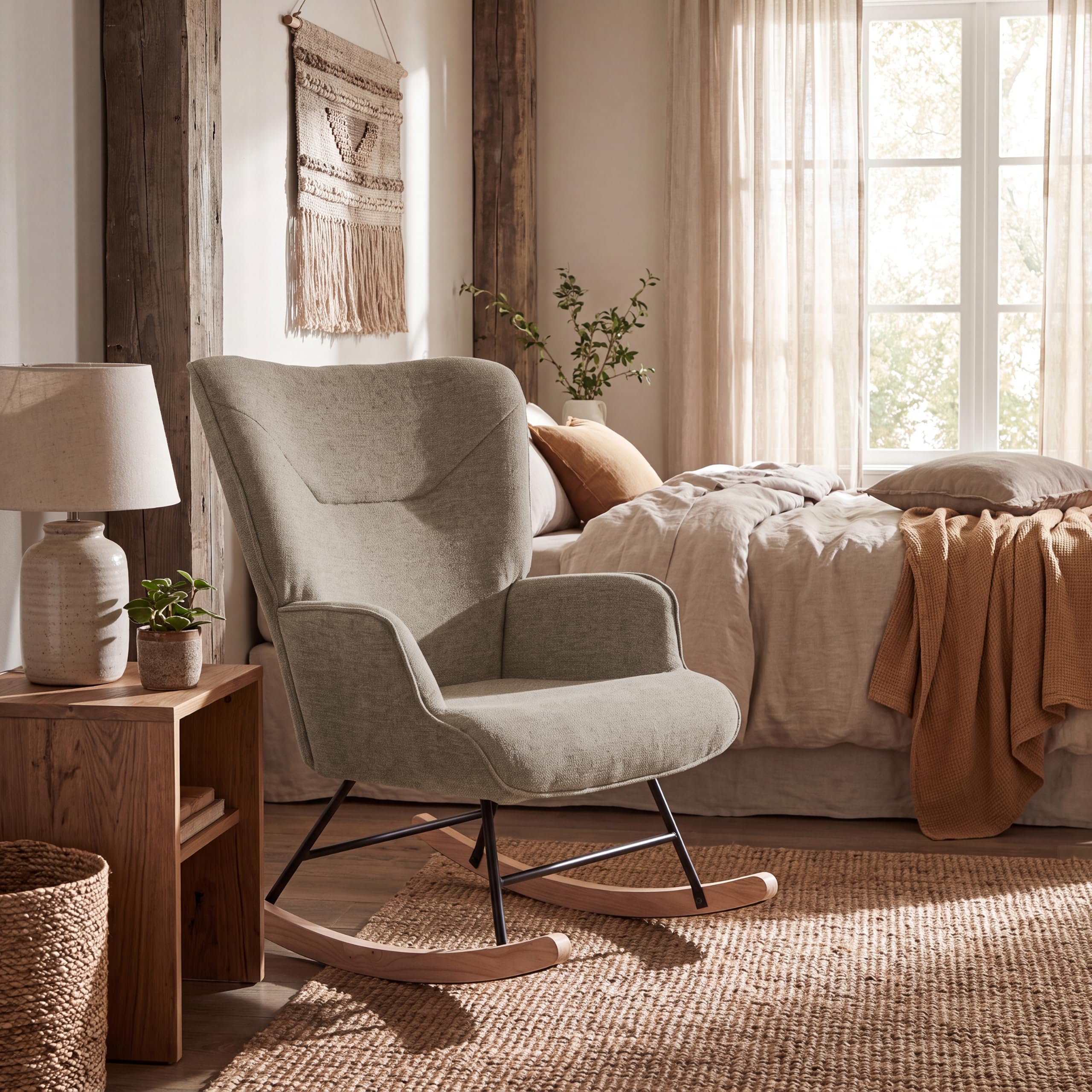 Ohrensessel Leiser Schaukelstuhl mit Armlehnen, Webstoff Sessel, Bequemer Relaxsessel mit Hoher Rückenlehne, Moderner Lesesessel für Wohnzimmer Schlafzimmer Kleine Räume, Sand