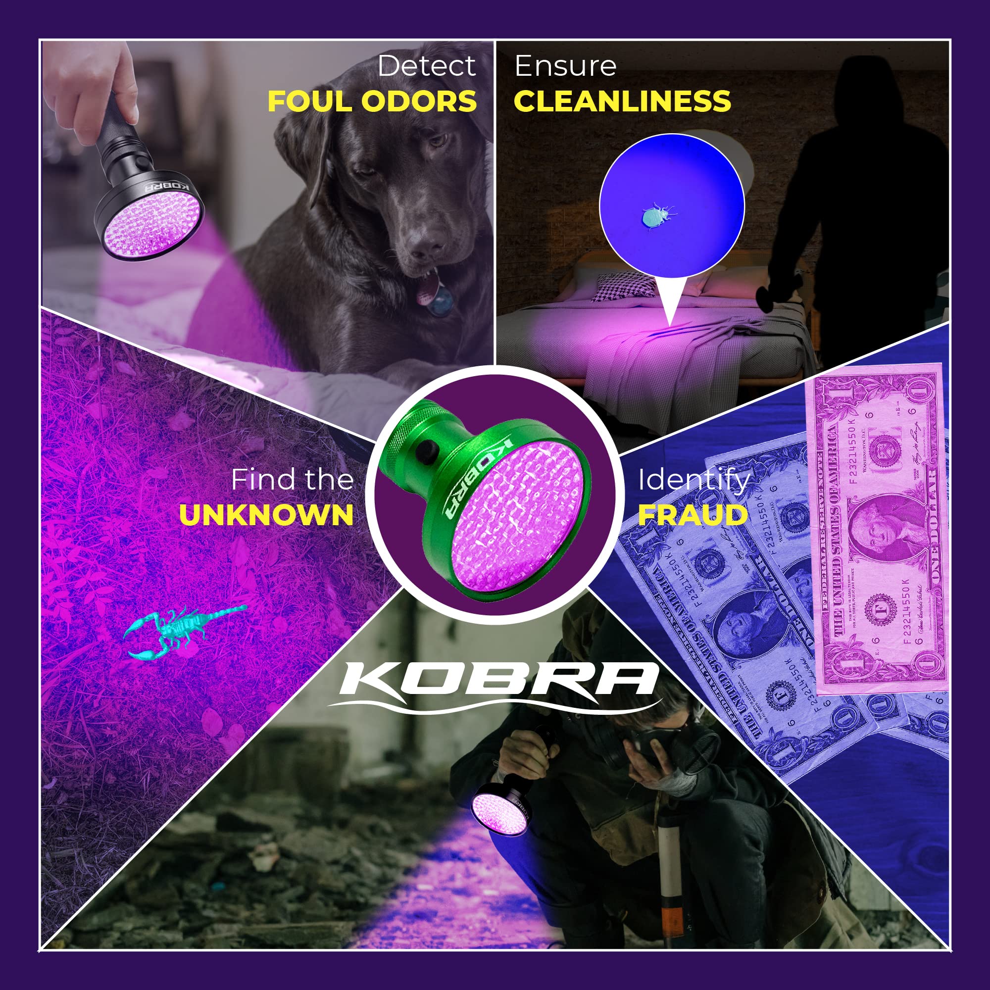kobra uv black light flashlight 100 led Kobra UV Black Light Flashlight - 100 LED Portable UV Light & Black Light  for Pet Urine Detection - Home or Hotel Bed Bugs, Leaks & Counterfeit Money  Inspection - 18W, 390-395mm (Green)