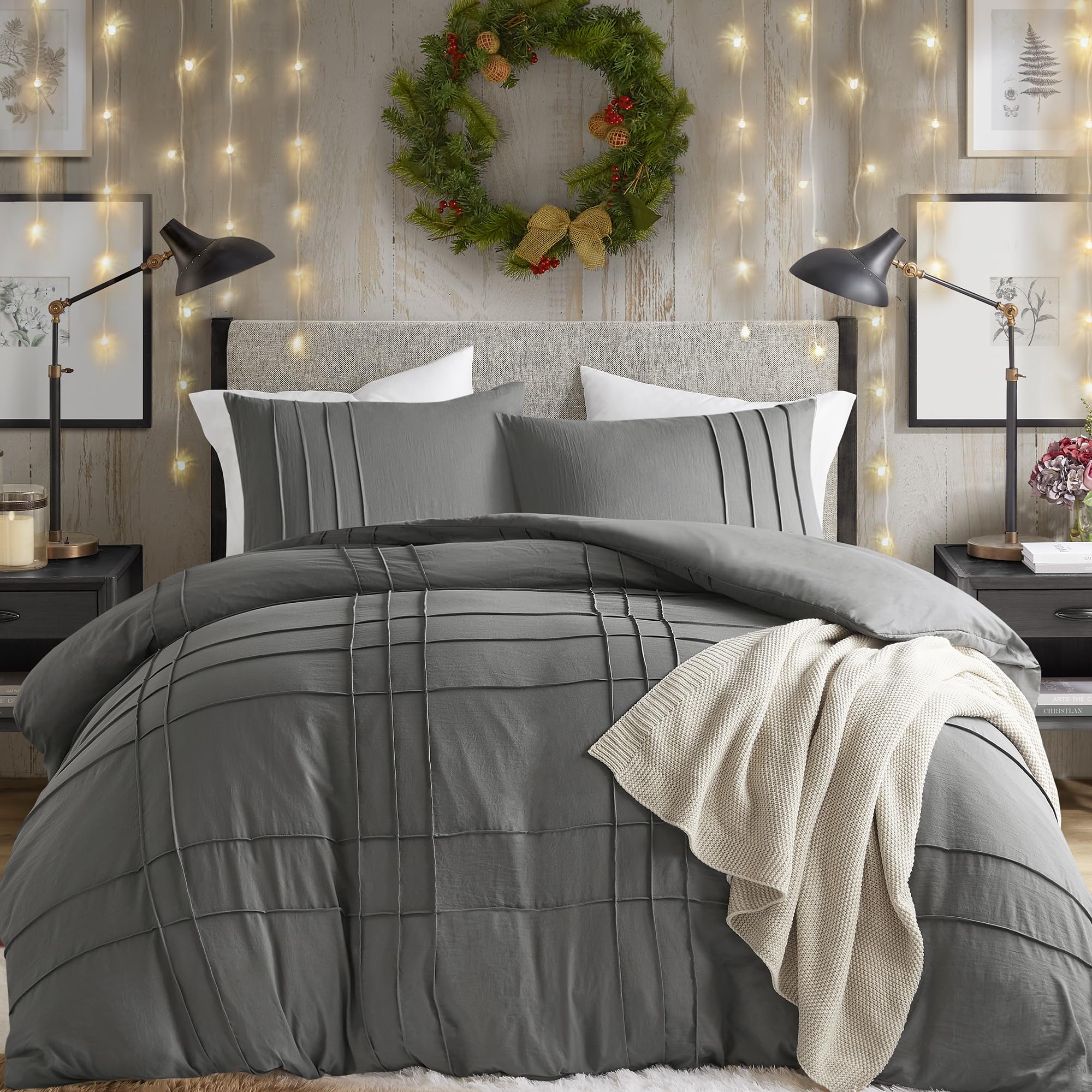 Comfort Spaces Grey King Duvet Cover Set - 3 Pieces Pintuck Pleated Farmhouse Duvet Cover, All Season Lightweight, Cotton-Like Softness Pre-Washed Microfiber King Bedding Cover Shams, King/Cal King