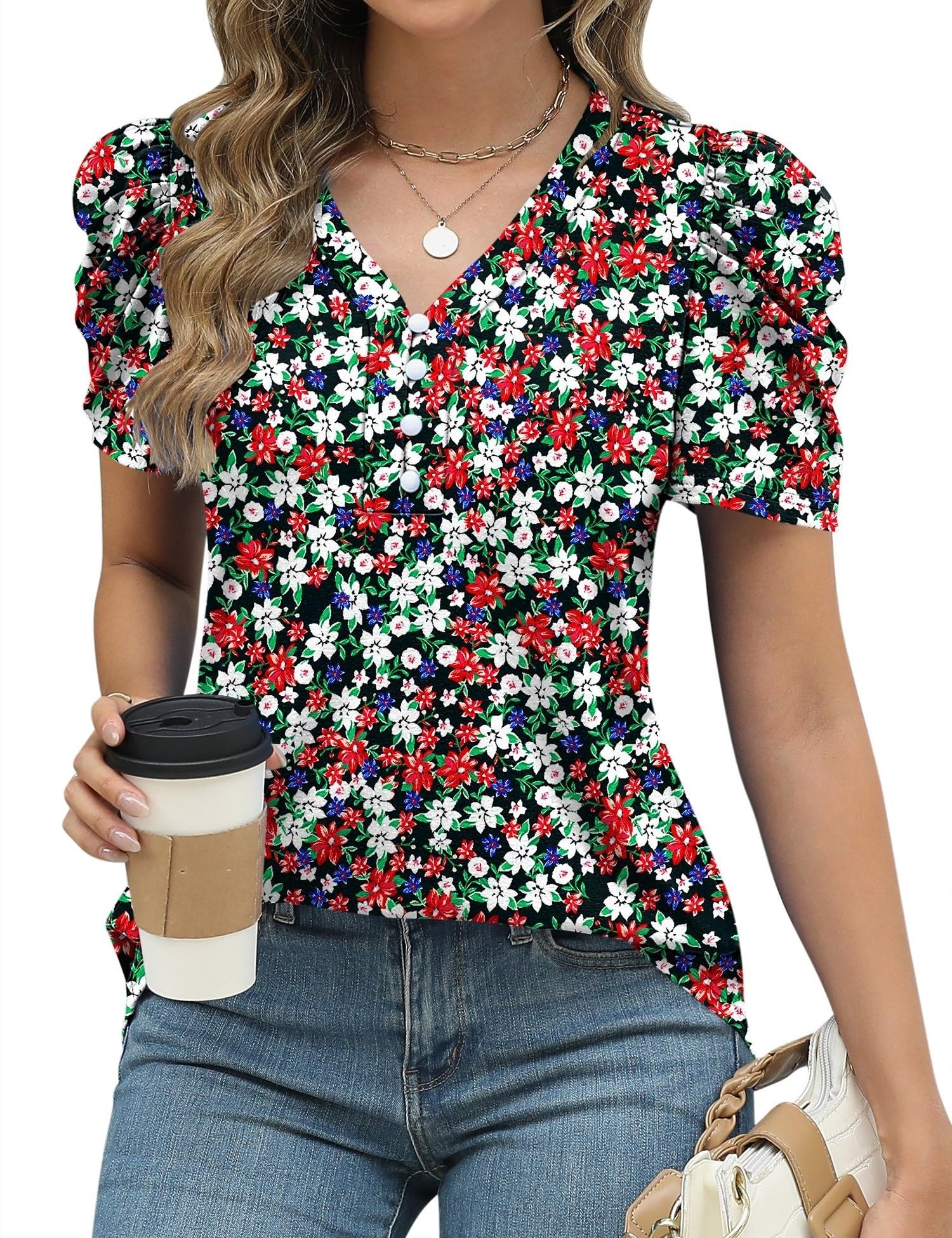 LOMON Womens Puff Short Sleeve Shirt Summer Tops V Neck Casual T Shirts Loose Fit Blouses