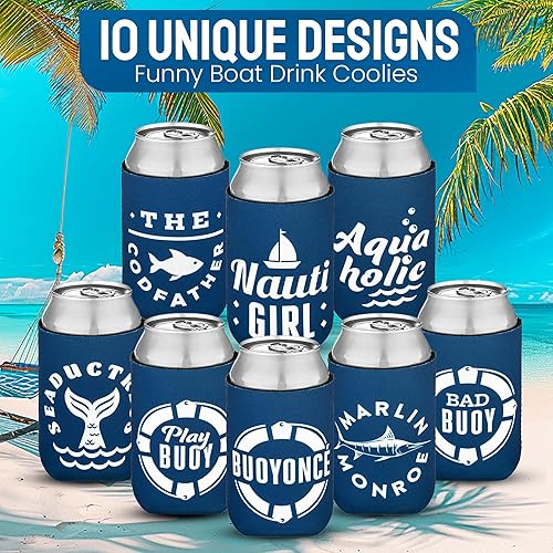 Miniatura 6 de Paquete de 10 fundas para enfriar latas, recuerdos de fiesta en barco, decoraciones de fiesta náutica, accesorios - divertido enfriador de cerveza