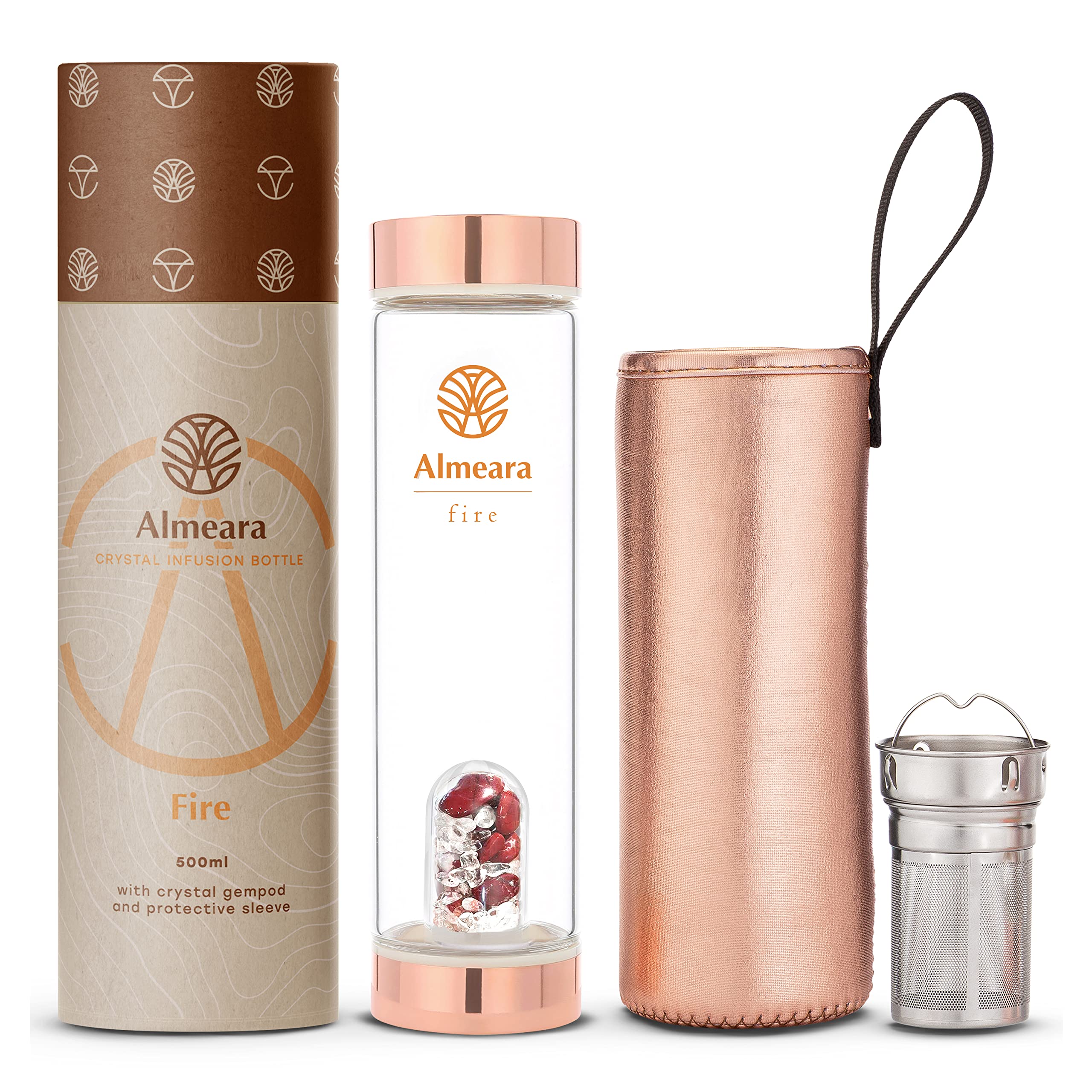 Almeara Botella de agua de cristal, botella de agua con infusión de elixir con gemas grandes, fuego