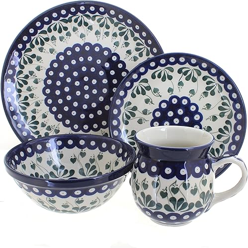 Cerámica polaca Blue Rose - Juego de 4 piezas Blue Alyce - Servicio para 1-1 lugar - Ideal para cenas diarias, comidas informales o como vajilla