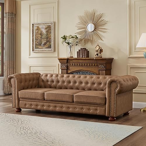 Chesterfield Leather Sofa, 89" Mid Century Modern Couch with Low