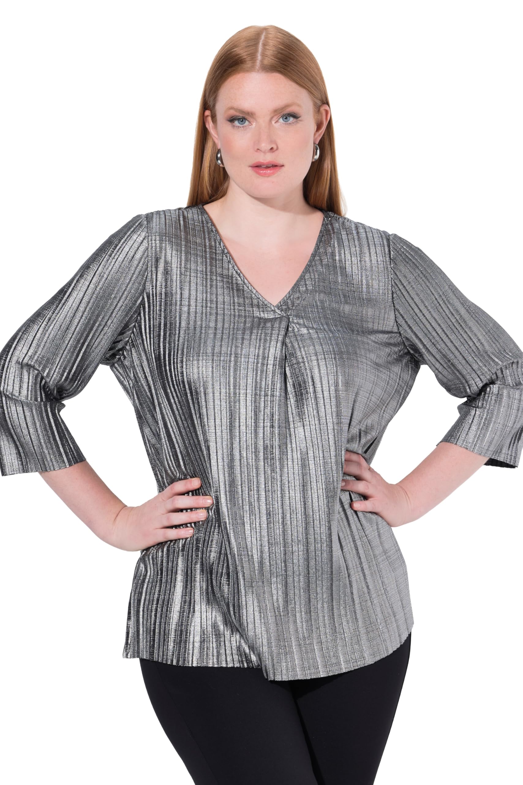 Ulla Popken Damen große Größen Übergrößen Plus Size Plissee-Bluse, A-Linie, V-Ausschnitt, 3/4-Arm 844987