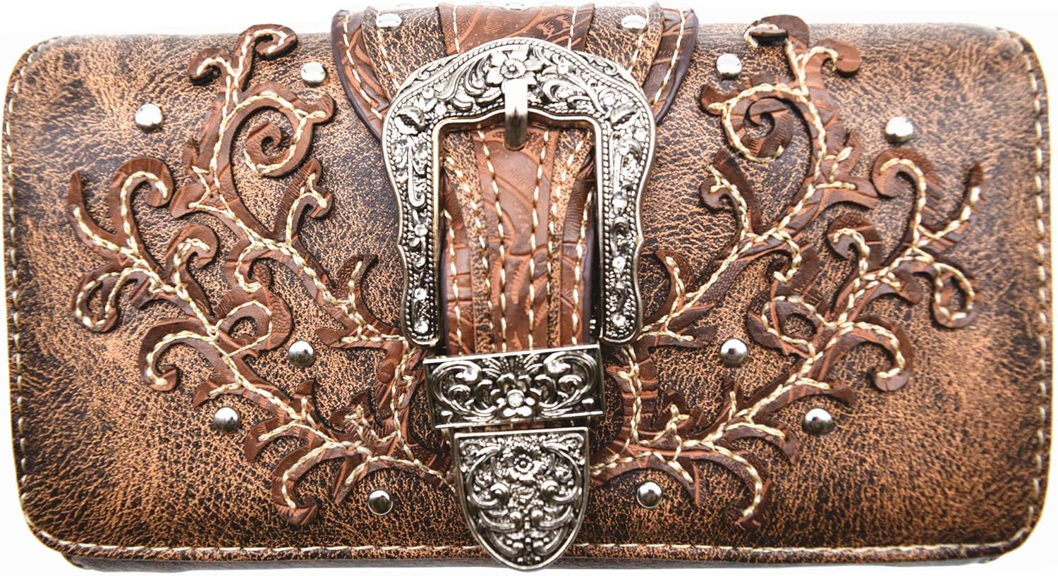 Western Style Tooled Leather Conceal Carry Purse Buckle Country Large Totes Handbag Women Shoulder Bag Wallet Set Brown - Image 3