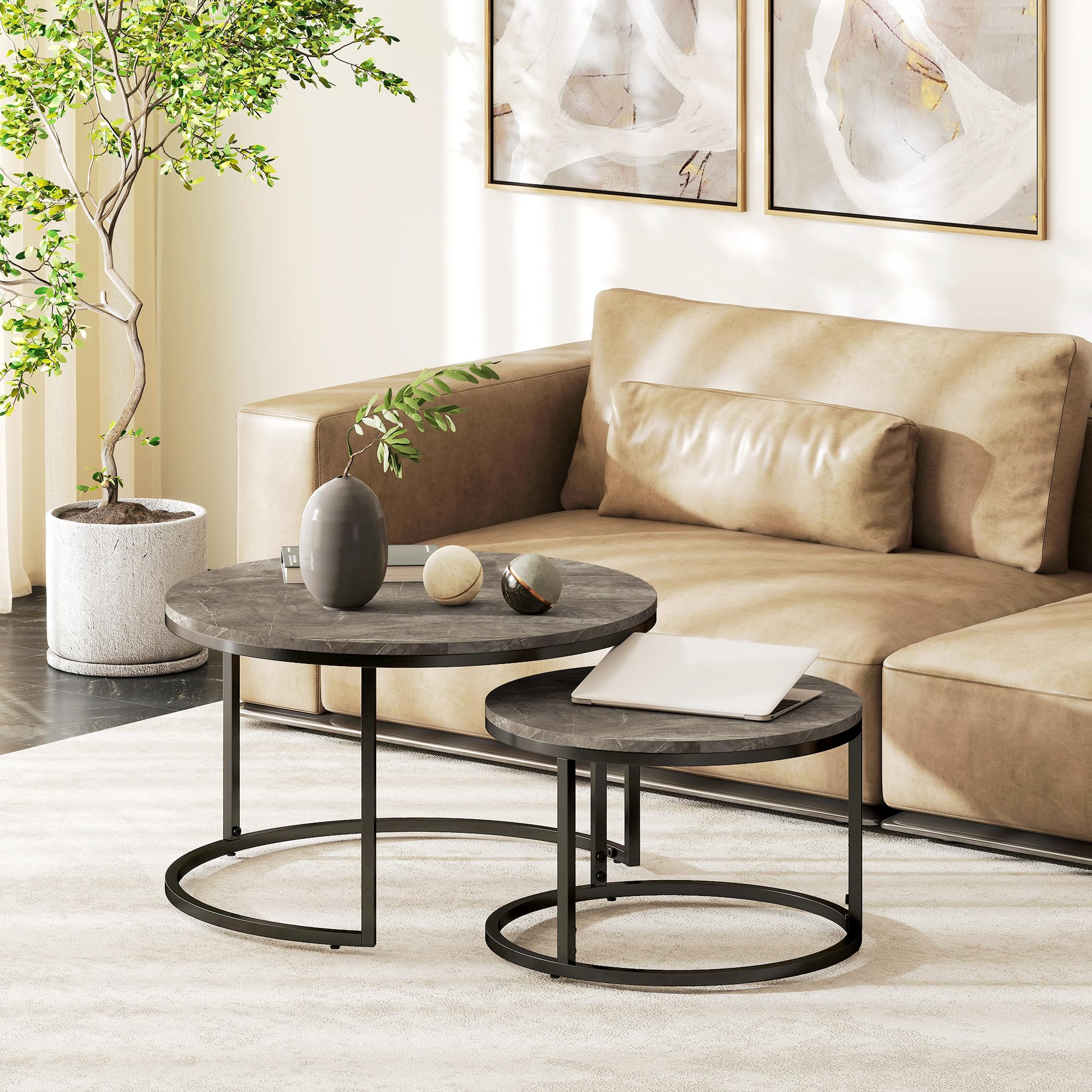 HOMCOM Lot de 2 Tables Basses gigognes, Table Basse Ronde, empilable, Design Industriel, Pieds en métal, Gris