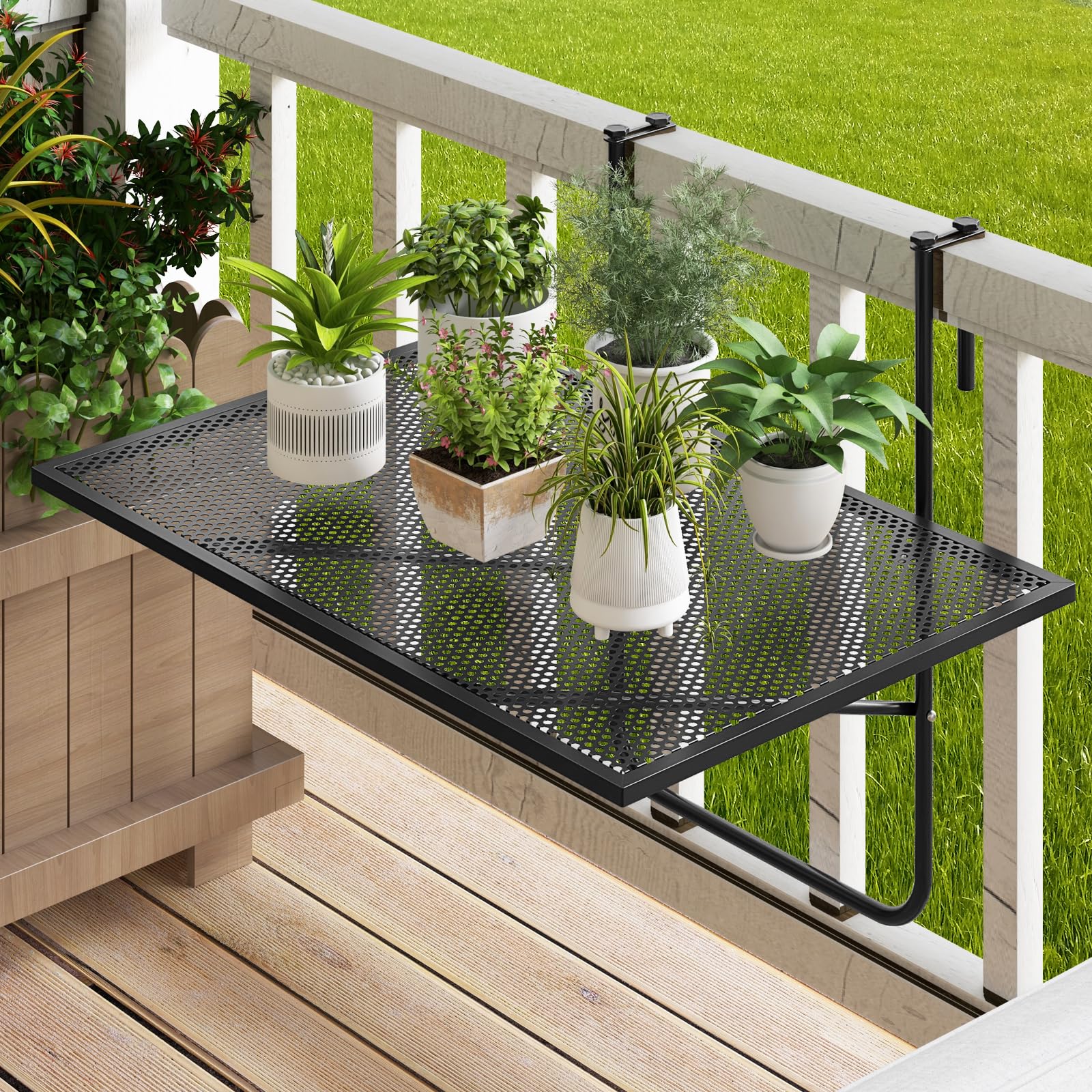 GIANTEX Składany stół balkonowy, metalowy stolik pomocniczy do balustrad | 60,5 x 40,5 x 51 cm, metalowy stolik zewnętrzny oszczędza miejsce, blat z siatki, na taras