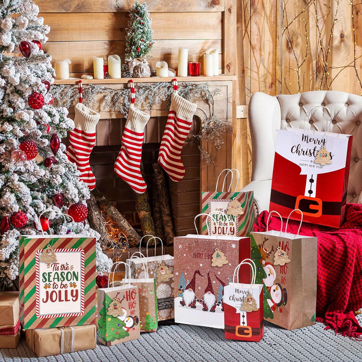TaoBary 24 Pcs Christmas Kraft Gift Bags with Handles and 48 Gift Tags Assorted Sizes Xmas favors Bags Reliable Xmas goodie Paper Pouches 8 Styles 3 Sizes for Holiday Party Favors Wrapping(Stylish)
