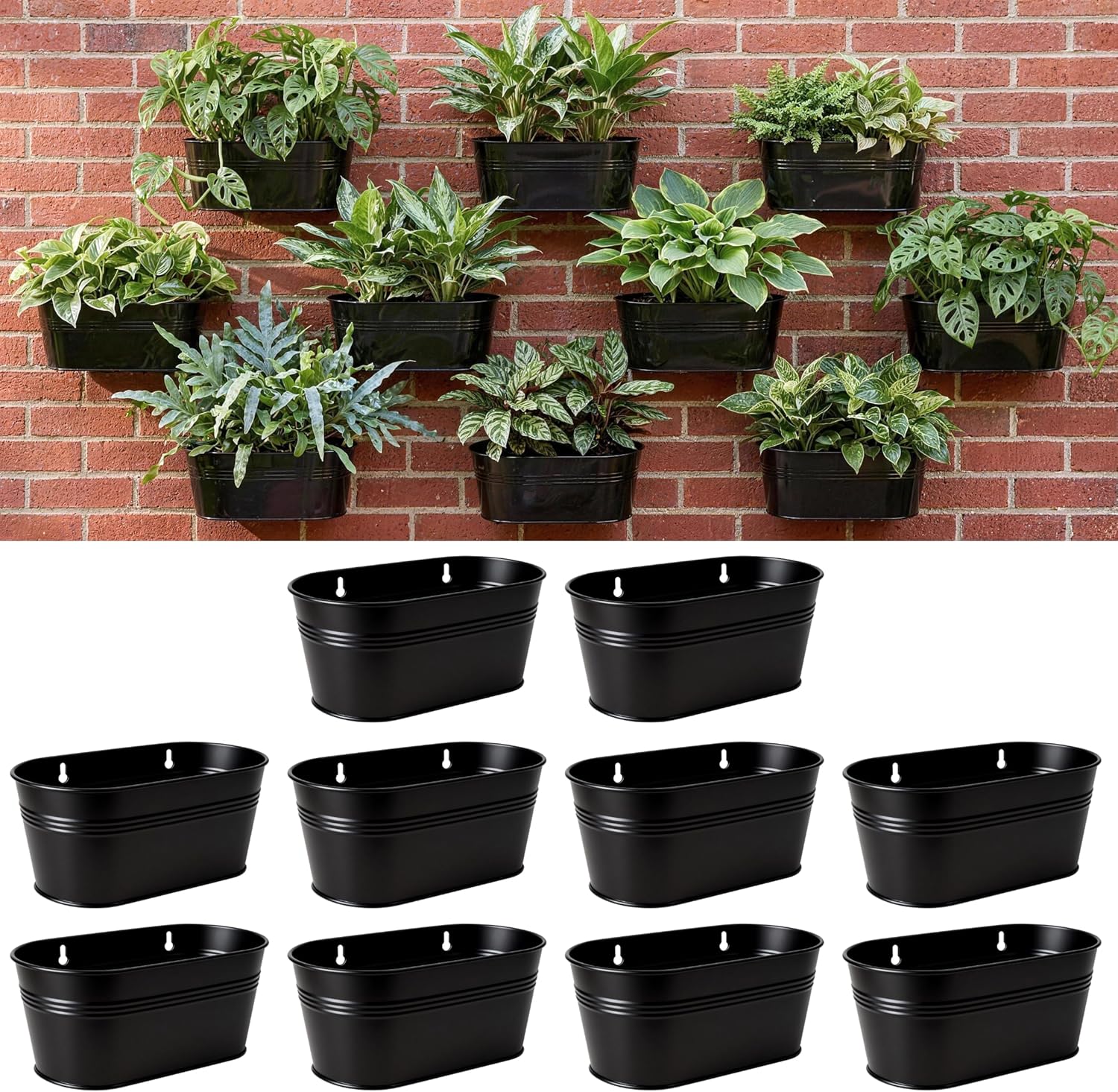 LaLaGreen Wall Planter (11.8 Inch, 10 Pack) Black Metal Wall Hanging Decor for Indoor Planter Flower Pot Holder Porch Balcony Decoration Window Boxes Planters Pots Plant Garden Yard Home Fence