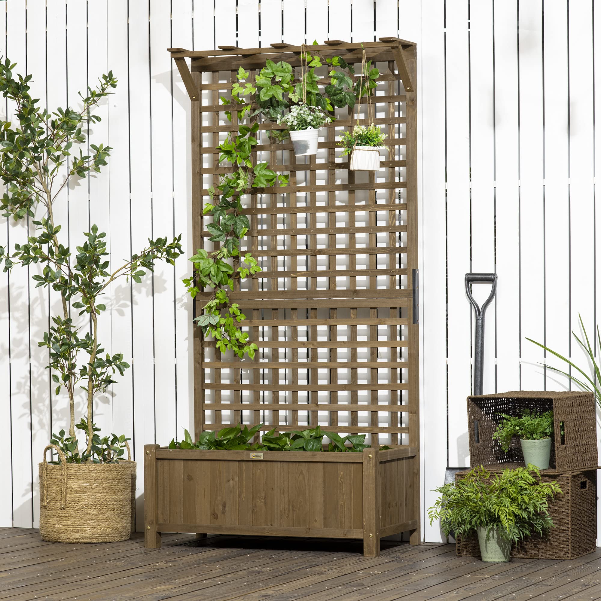 Outsunny Jardinera con Enrejado de Madera Macetero de Jardín con Soporte para Trepadora Cultivo de Plantas Flores Jardinera con Celosía para Exterior Patio Terraza 90x45x183 cm Marrón