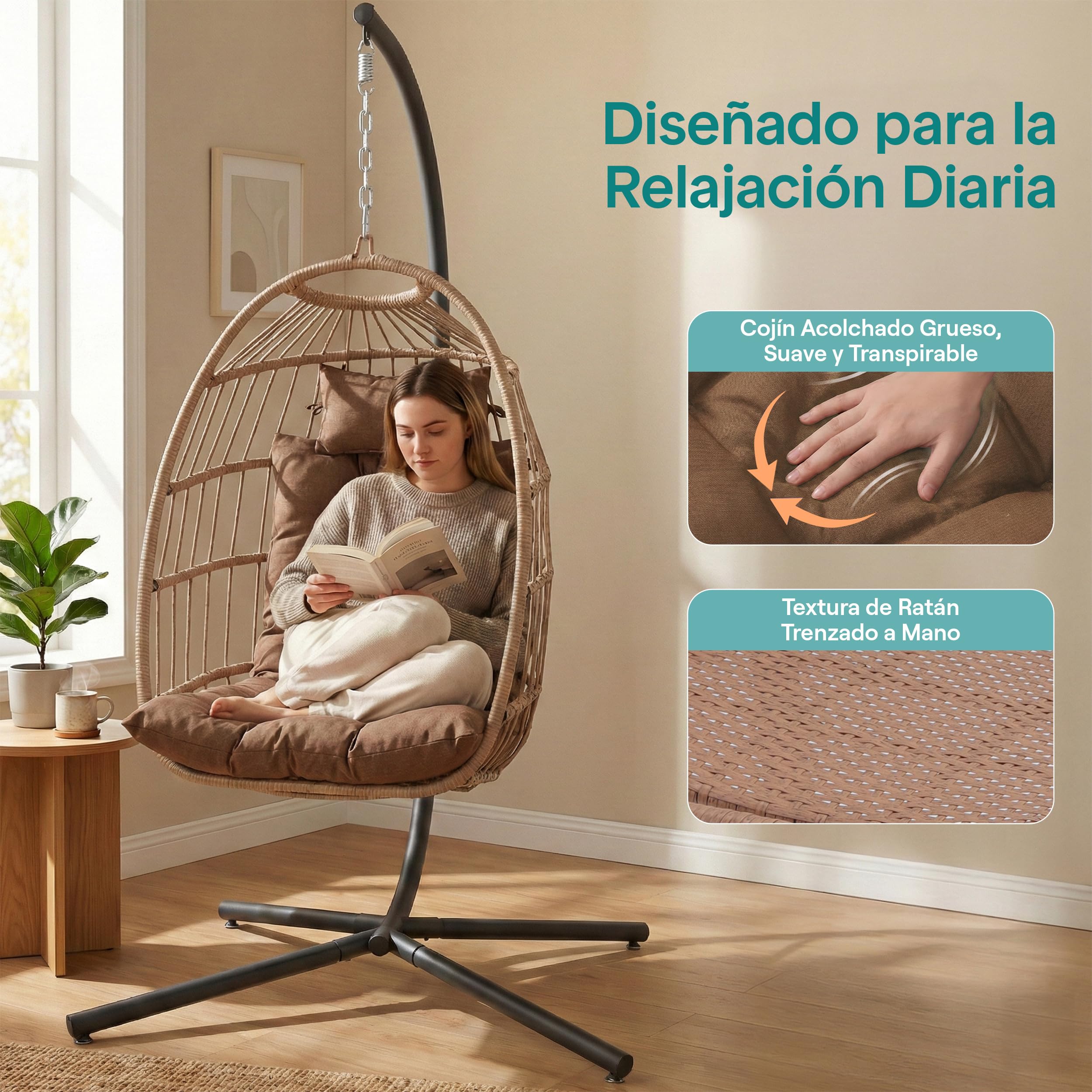 SereneLife Sedia a Dondolo a Uovo con Supporto, Capacità Fino a 250 Kg, Sedia Sospesa Poltrona a Dondolo in Rattan con Struttura in Acciaio Verniciato a Polvere per Casa e Giardino con Cuscino