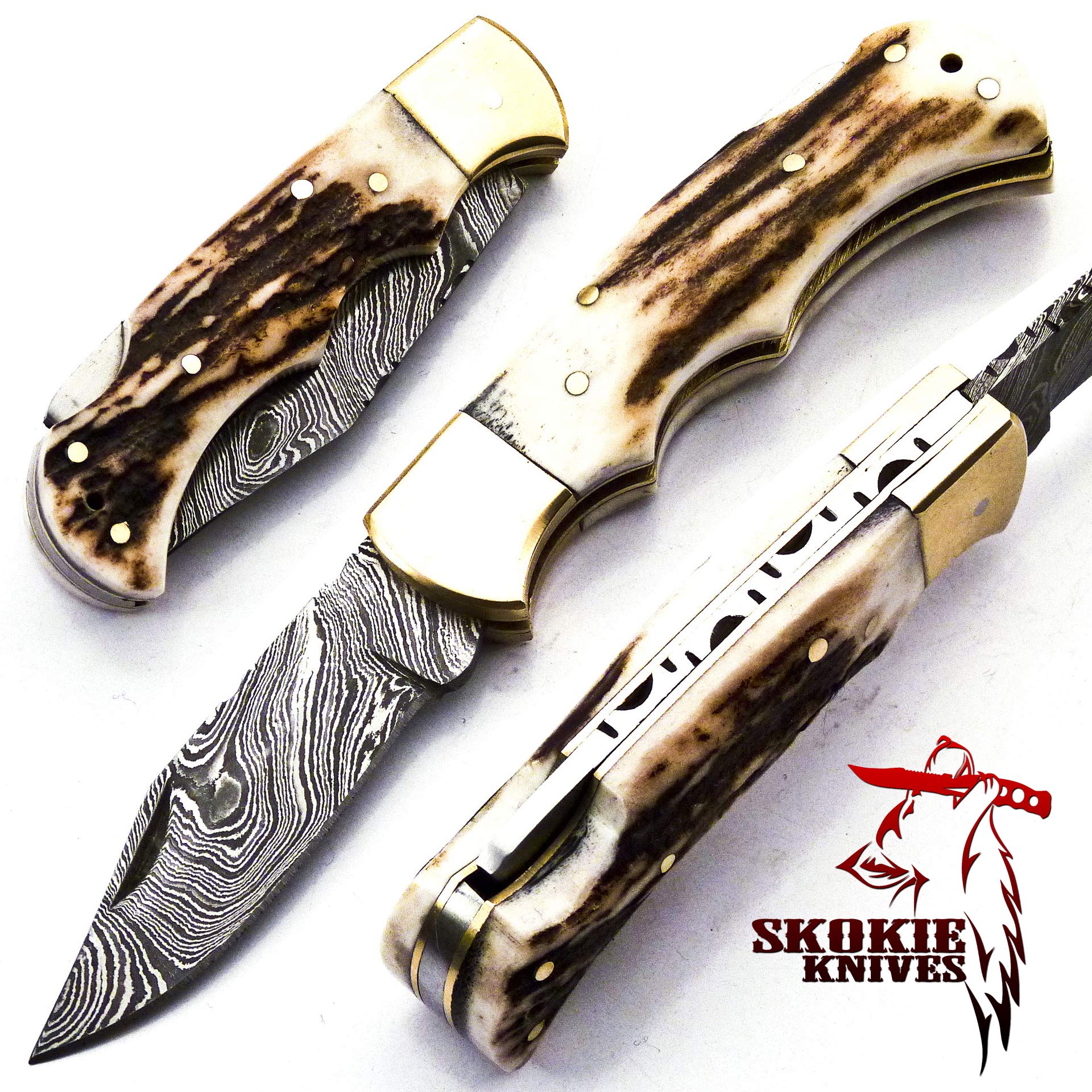 Custom Hand Made Damascus Steel Hunting Pocket Folding Knife with Handle Stag Antler (S.F)