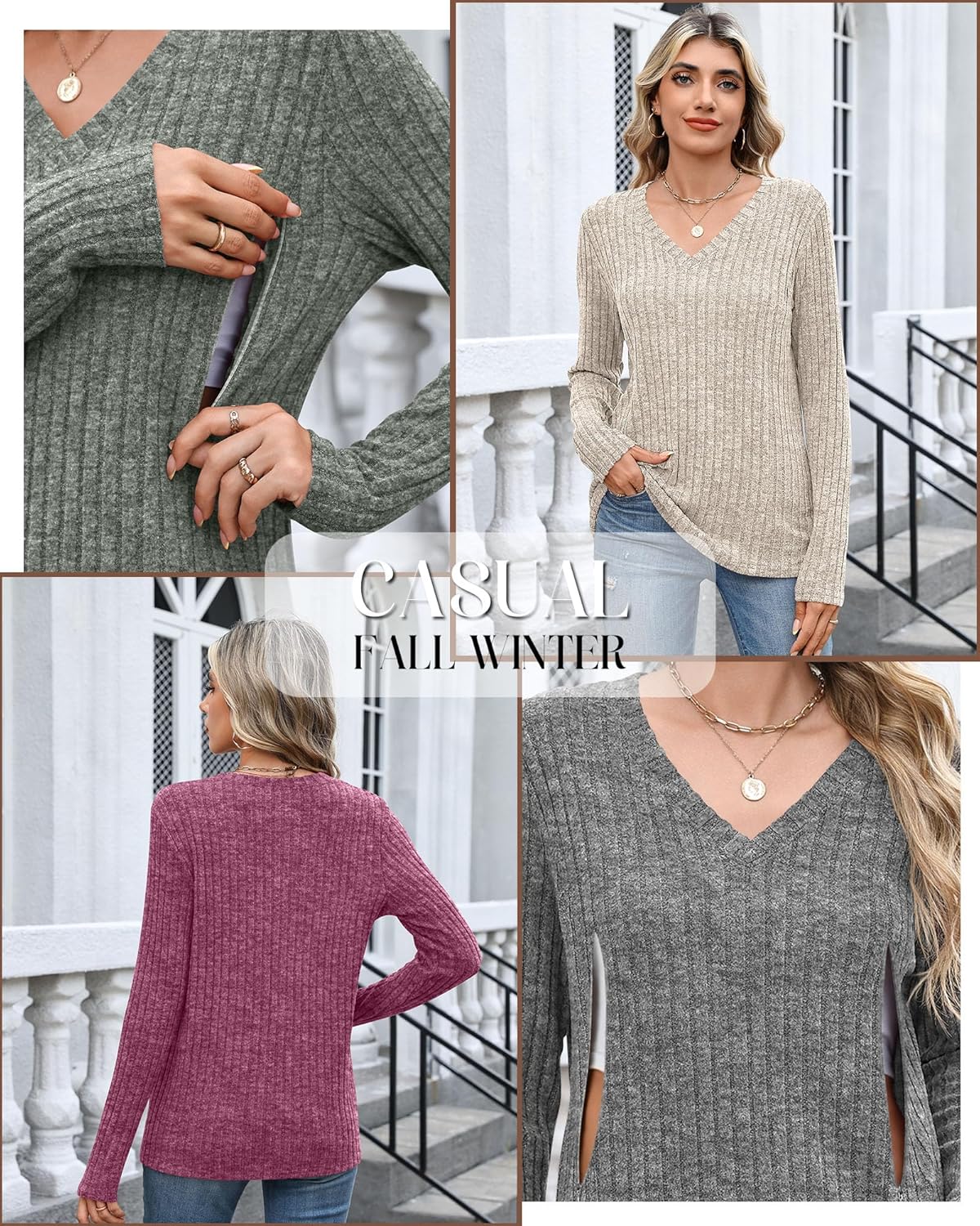 4 Pack Women's Maternity Nursing Tops, V Neck Breastfeeding Sweaters Long Sleeve Hidden Zipper Shirts - Image 3