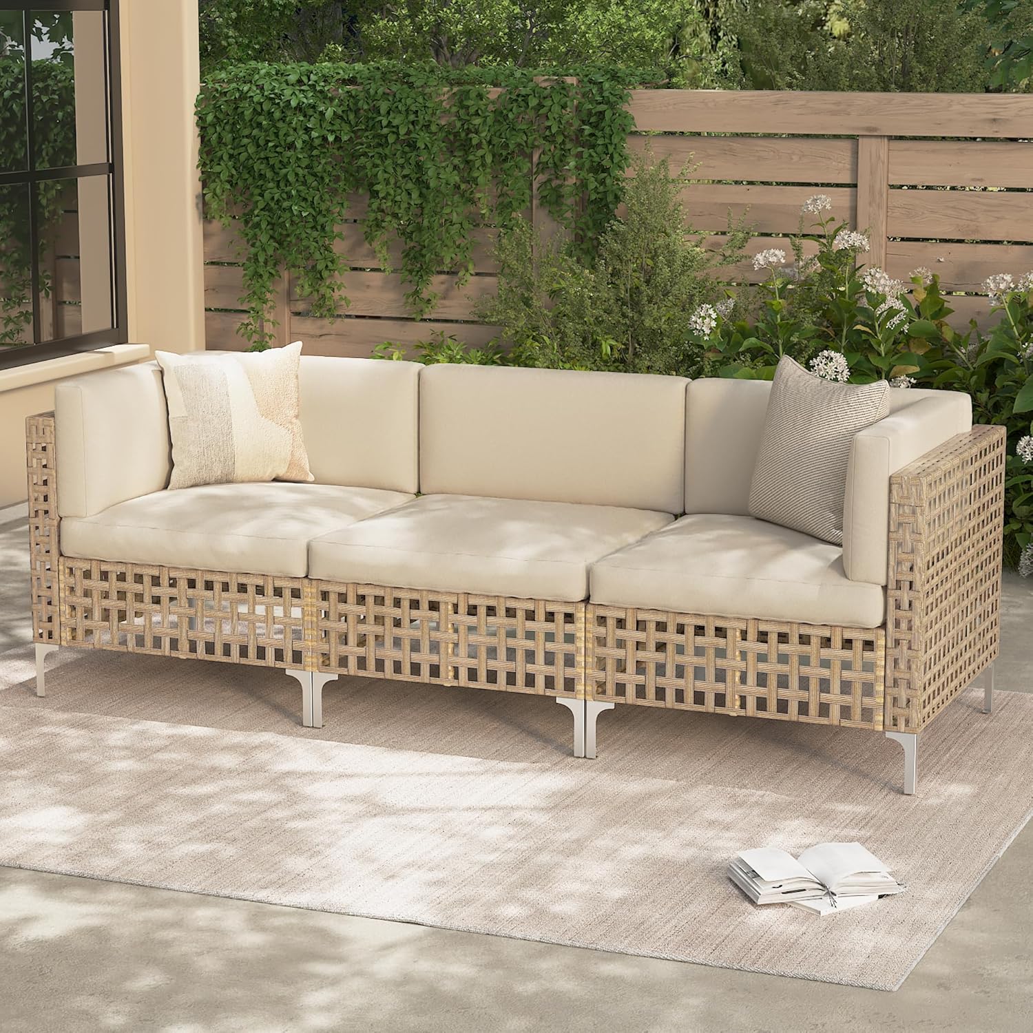 U-MAX Outdoor Patio Furniture Sofa, Wicker Boho Outdoor Sofa, Patio Conversation Sectional Furniture with Water Resistant Thick Cushions, Beige