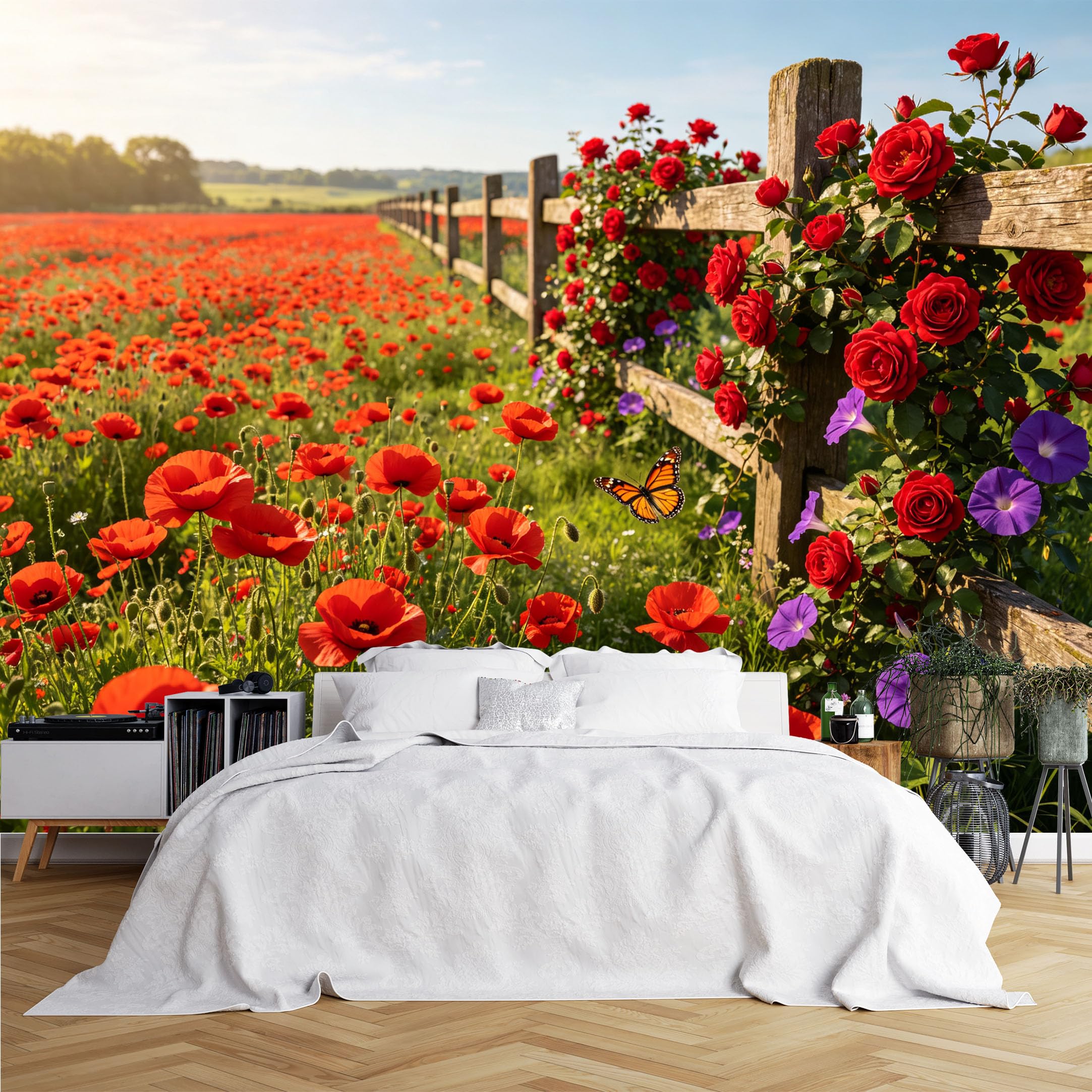 Lcythiazole Ch260615073 Custom Size Wall Murals Poppy Rose Fence Wildflower Field Wall Murals Hd Wallpaper Self-Adhesive Removable Wallpaper For Cottage Living Room