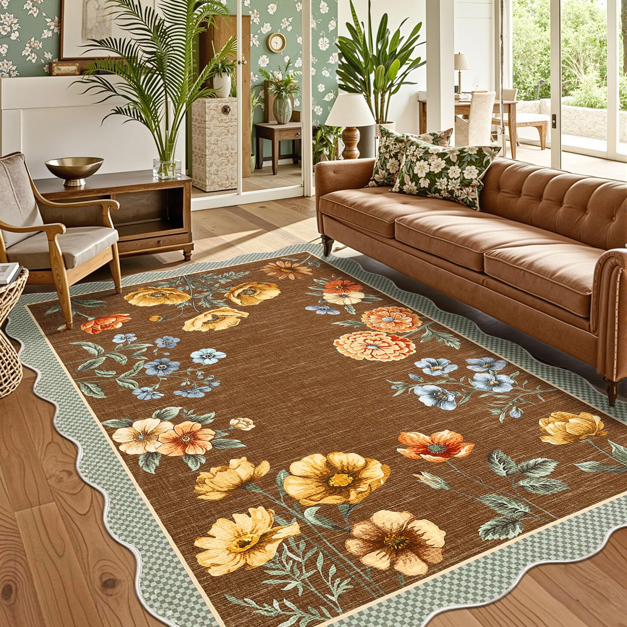 GarveeHome Floral Scalloped Living Room Rug, 5x7 Area Rugs Ultra-Thin Soft Washable Botanical Rug, Non-Slip Brown Rugs for Bedroom Stain Resistant