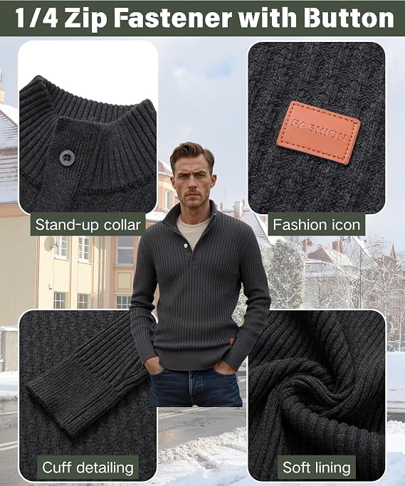 Men's 1/4 Zip Pullover Fine Knit Stand-Up Collar Warm Pullover Sweater Winter Jumper Long Sleeve Soft Sweat Jacket Work Jumper