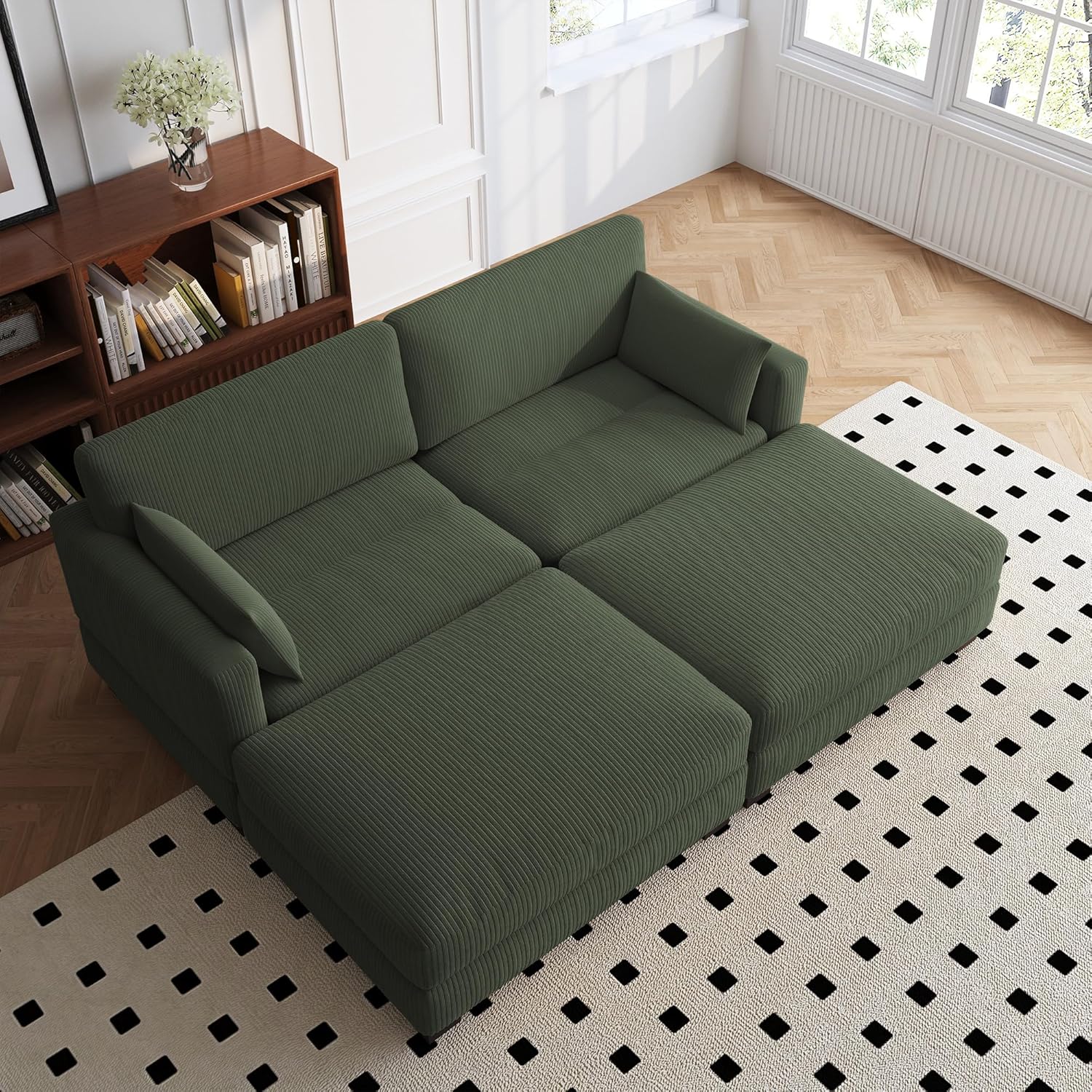UIXE Oversized 4-Seater Corduroy Chaise Longue Chairs Indoor with 2 Ottomans, 85" Upholstered Sleeper Sofa Lounge Recliner Chair, Modern Deep Seat Couch for Bedroom, Living Room - Green