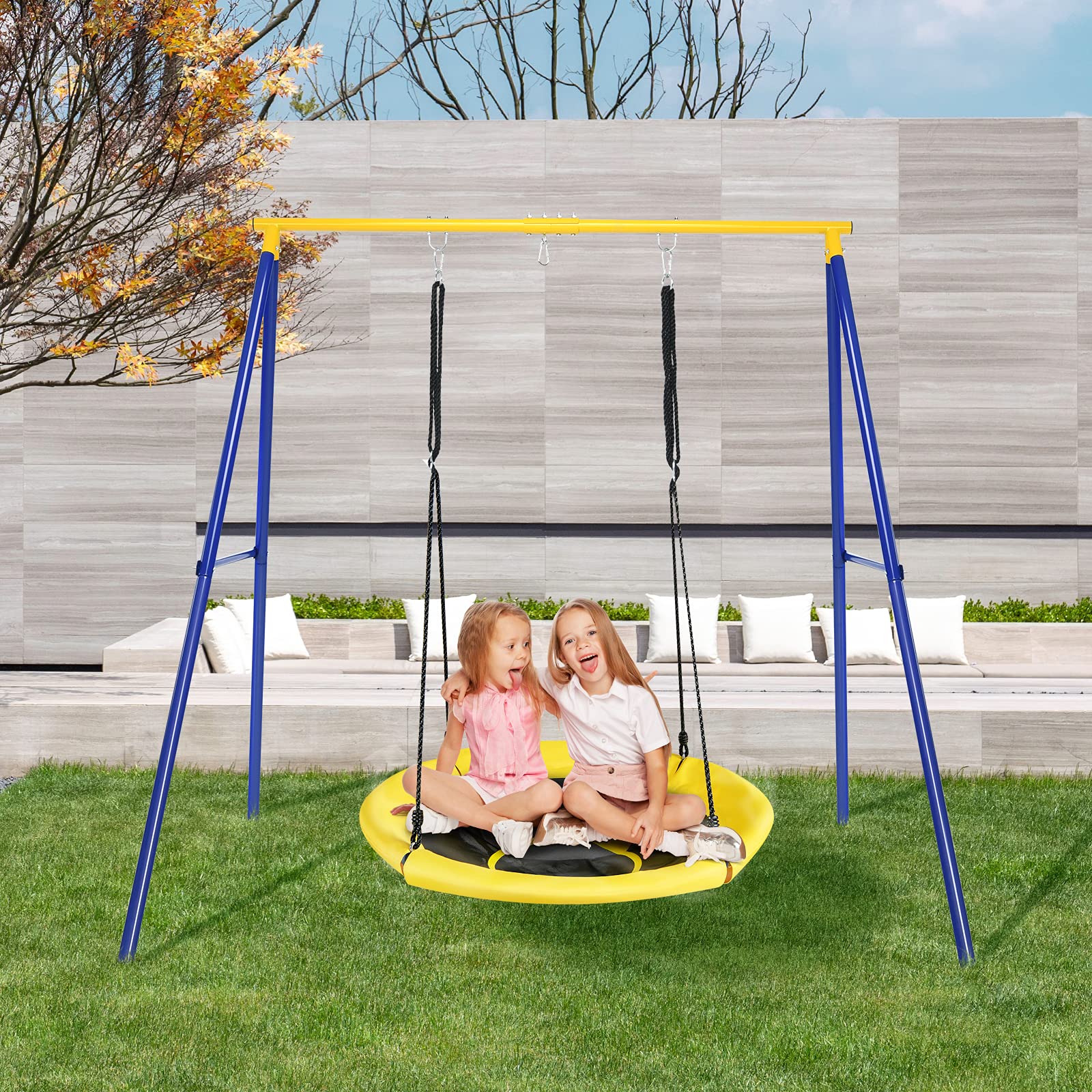 COSTWAY Supporto per Altalena Bambini, Base da Altalena per Bambini in Metallo, Strattura per Altalena da Giardino, Portata 200 kg (Blu e Giallo)