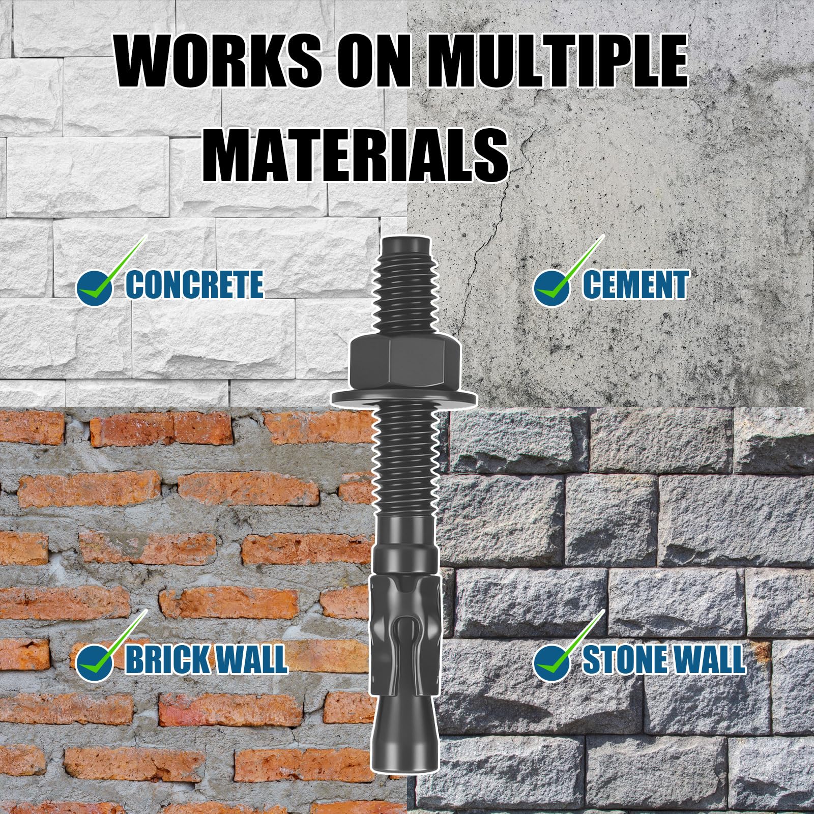 100 tasselli standard da 0,9 x 7,6 cm, per lavori pesanti, rivestimento ruspert, in ceramica nera, zincati, resistenti alla ruggine, standard per cemento, cemento, progetti industriali