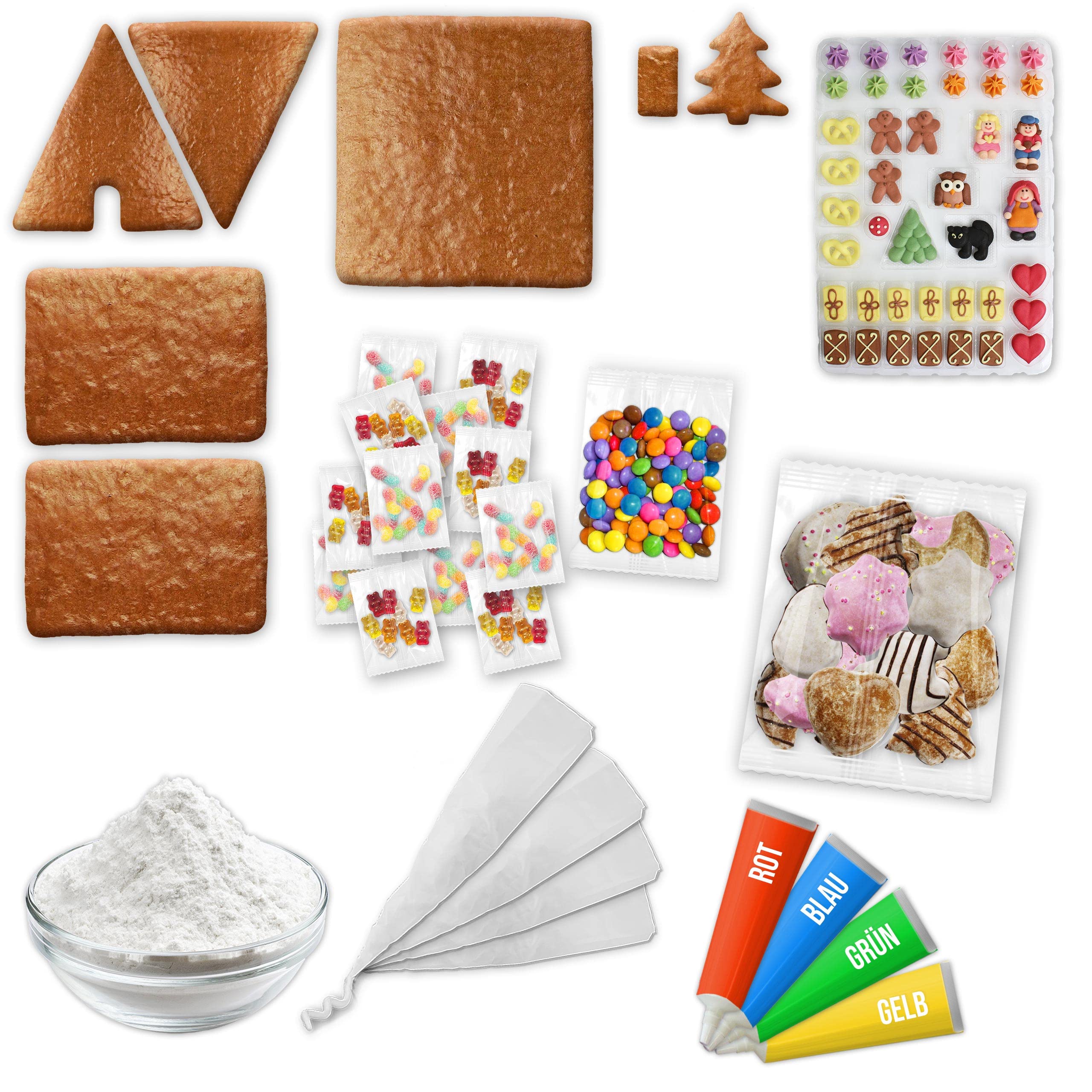 Hexenhaus Bausatz Komplett-Set mit Bastel-Anleitung ca. 37x37x40 cm | LEBKUCHEN WELT Inkl. Zuckerfiguren Schokolinsen Gummibärchen Zuckerguss-Tube & Lebensmittelkleber ca 4426g Lebkuchenhaus